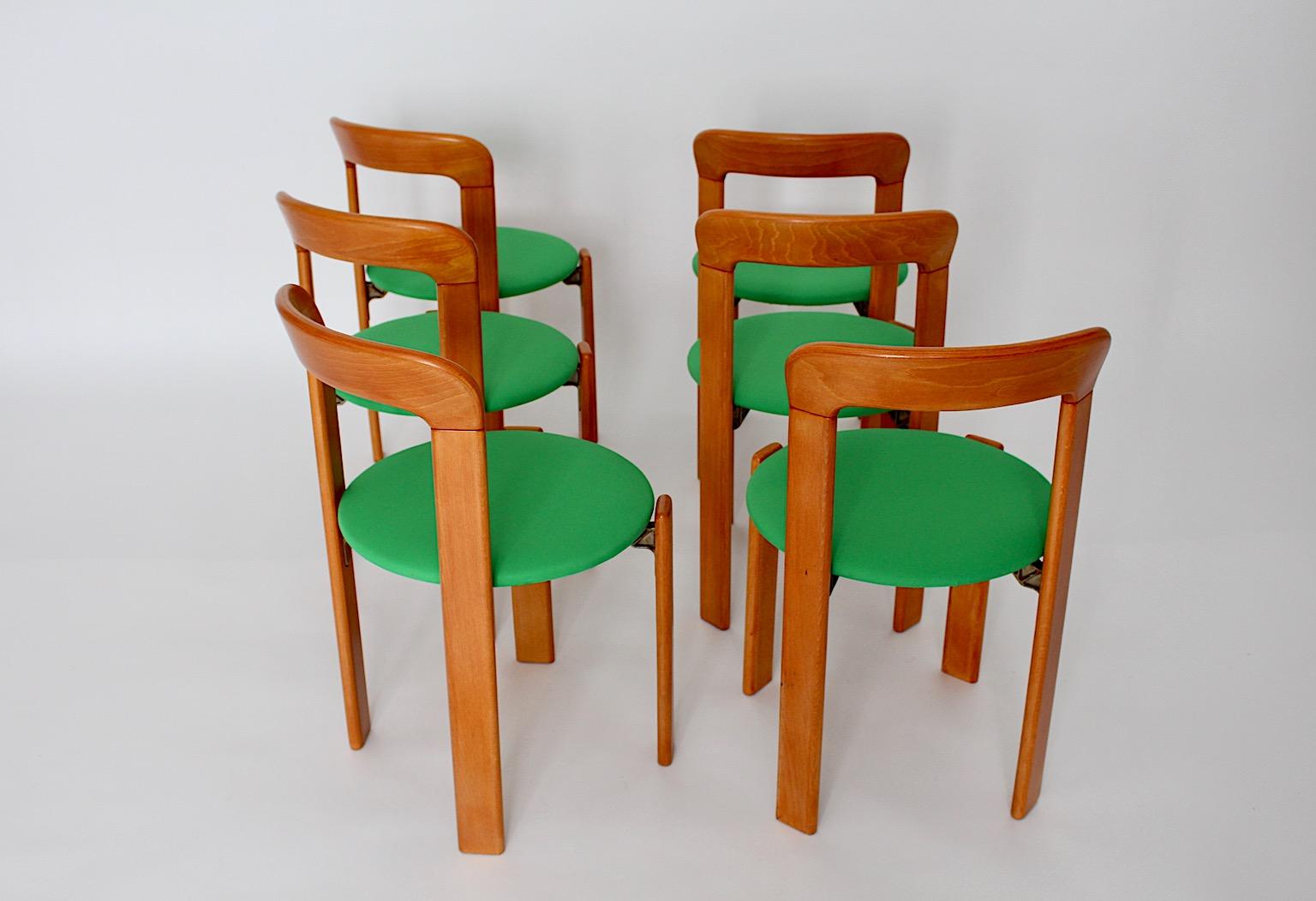 Bruno Rey Vintage Six Beech and Green Upholstery Dining Chairs 1970s Switzerland 7