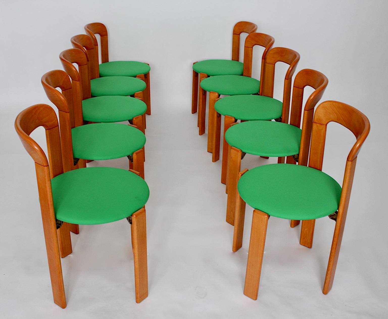 Bruno Rey Vintage Six Beech and Green Upholstery Dining Chairs 1970s Switzerland 8