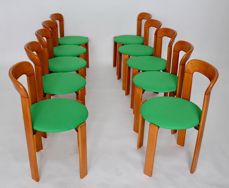 Bruno Rey Vintage Six Beech and Green Upholstery Dining Chairs 1970s ...