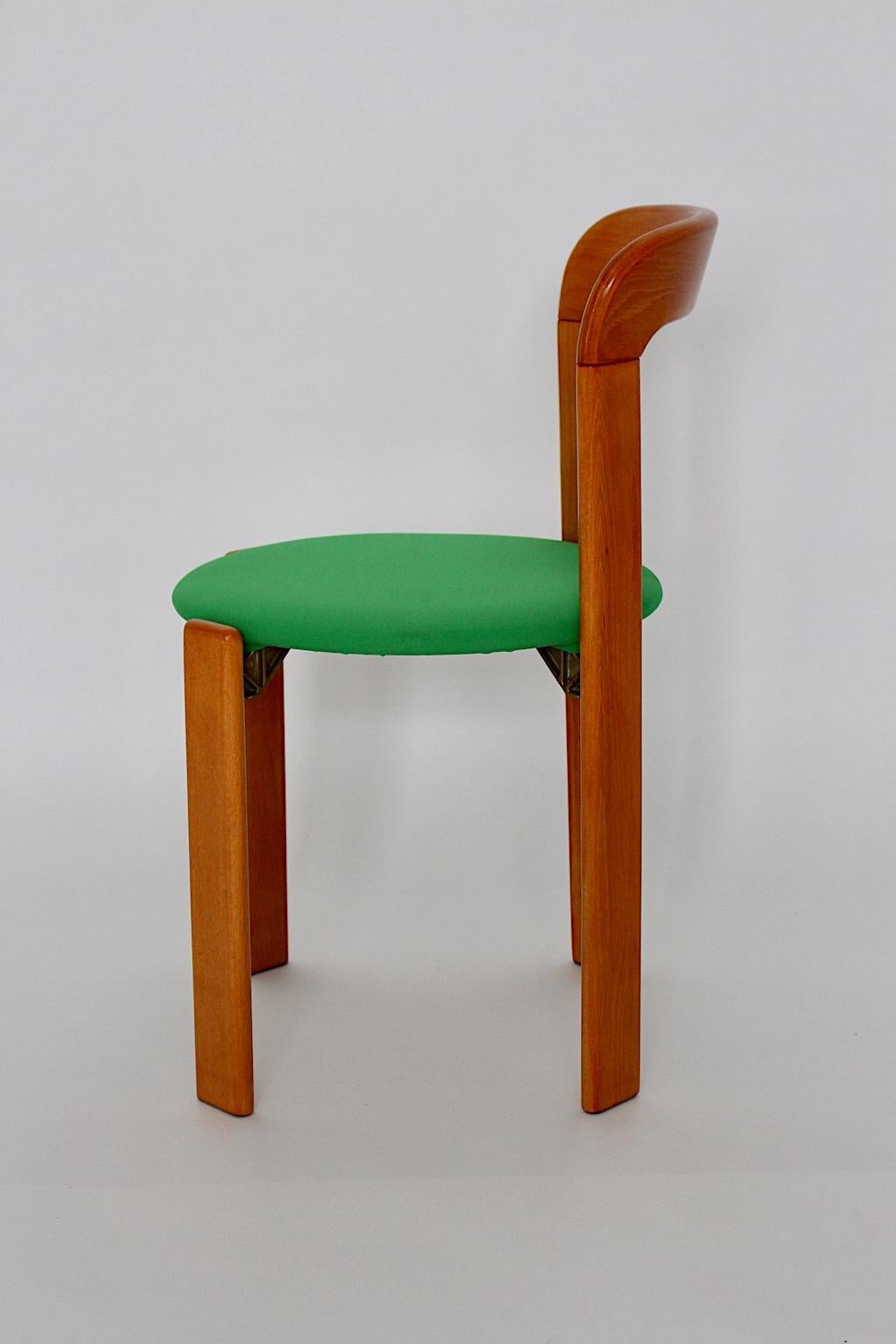 Swiss Bruno Rey Vintage Six Beech and Green Upholstery Dining Chairs 1970s Switzerland