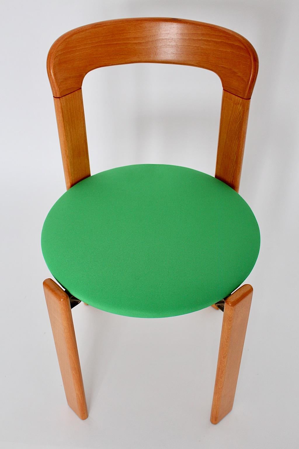 Bruno Rey Vintage Six Beech and Green Upholstery Dining Chairs 1970s Switzerland In Good Condition In Vienna, AT
