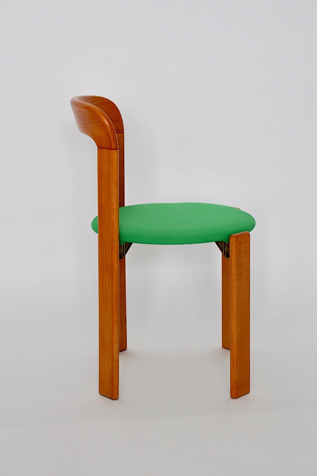 20th Century Bruno Rey Vintage Six Beech and Green Upholstery Dining Chairs 1970s Switzerland