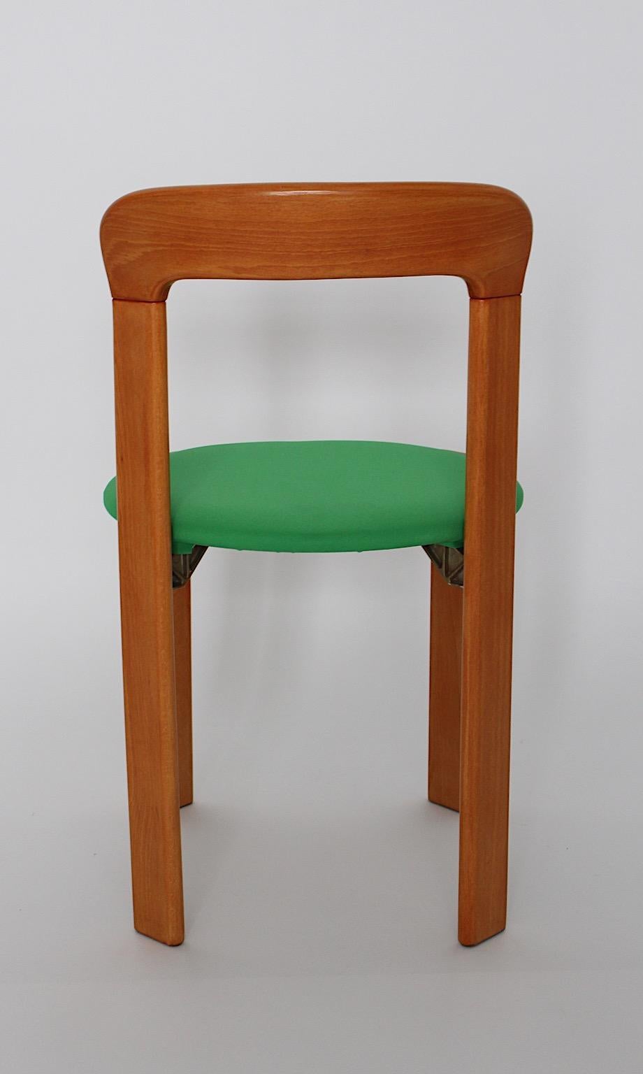 Bruno Rey Vintage Six Beech and Green Upholstery Dining Chairs 1970s Switzerland 2