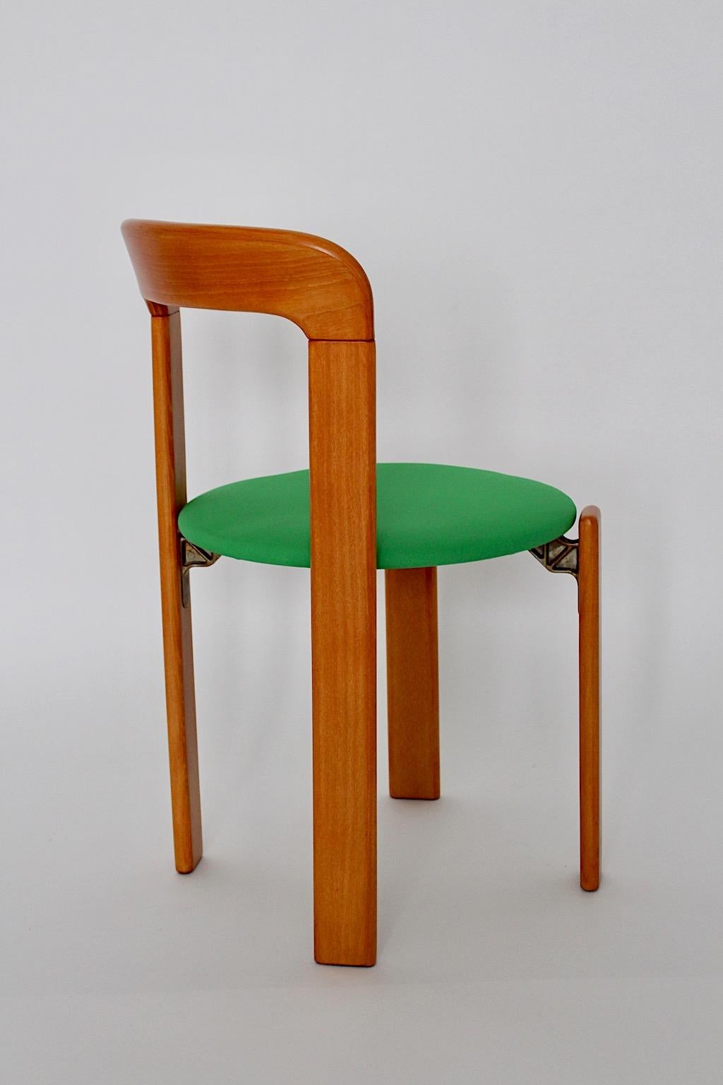 Bruno Rey Vintage Six Beech and Green Upholstery Dining Chairs 1970s Switzerland 3
