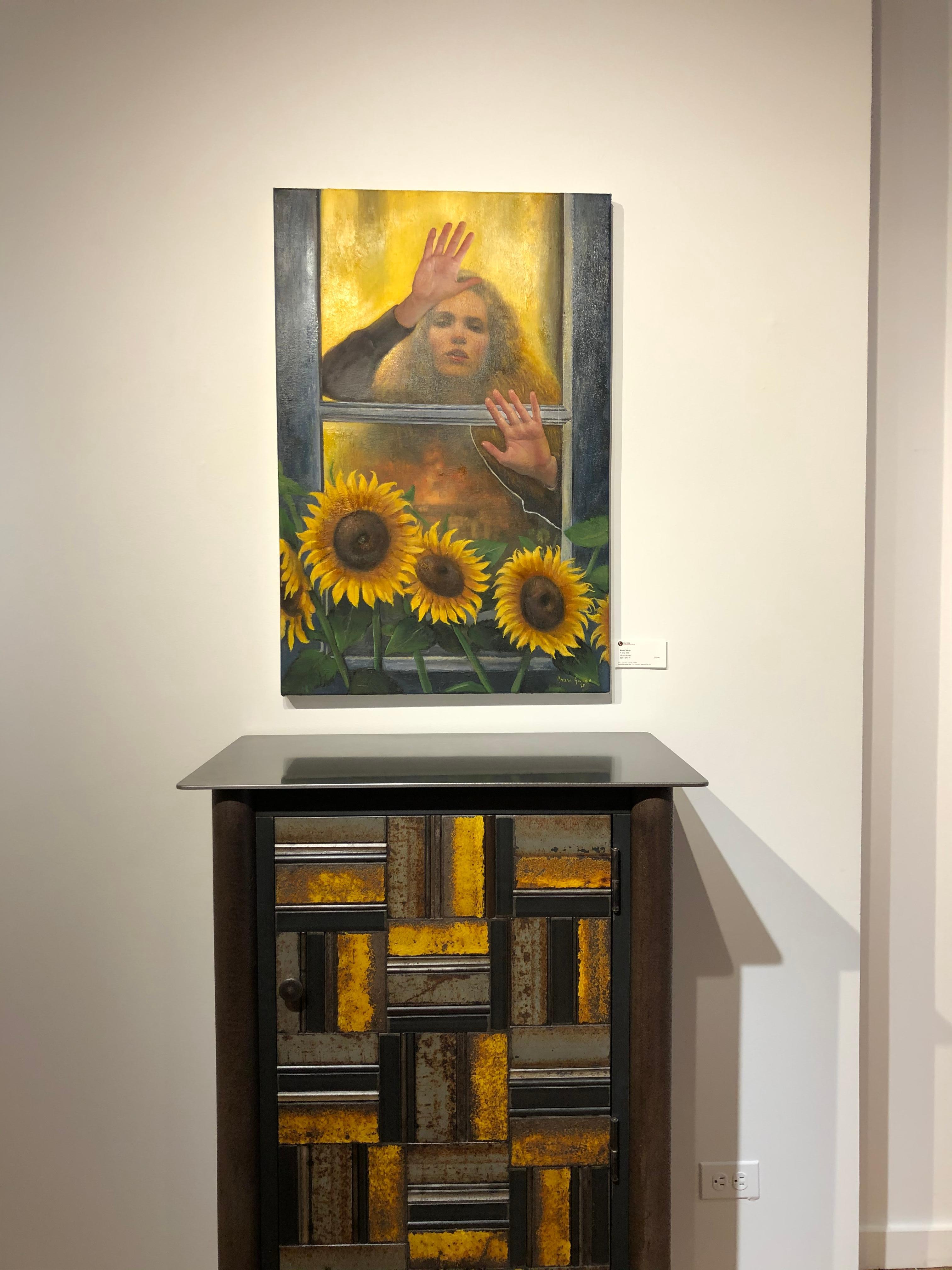 A New Day, Woman Behind Window with Sun Flowers in the Foreground, Oil on Canvas - Contemporary Painting by Bruno Surdo