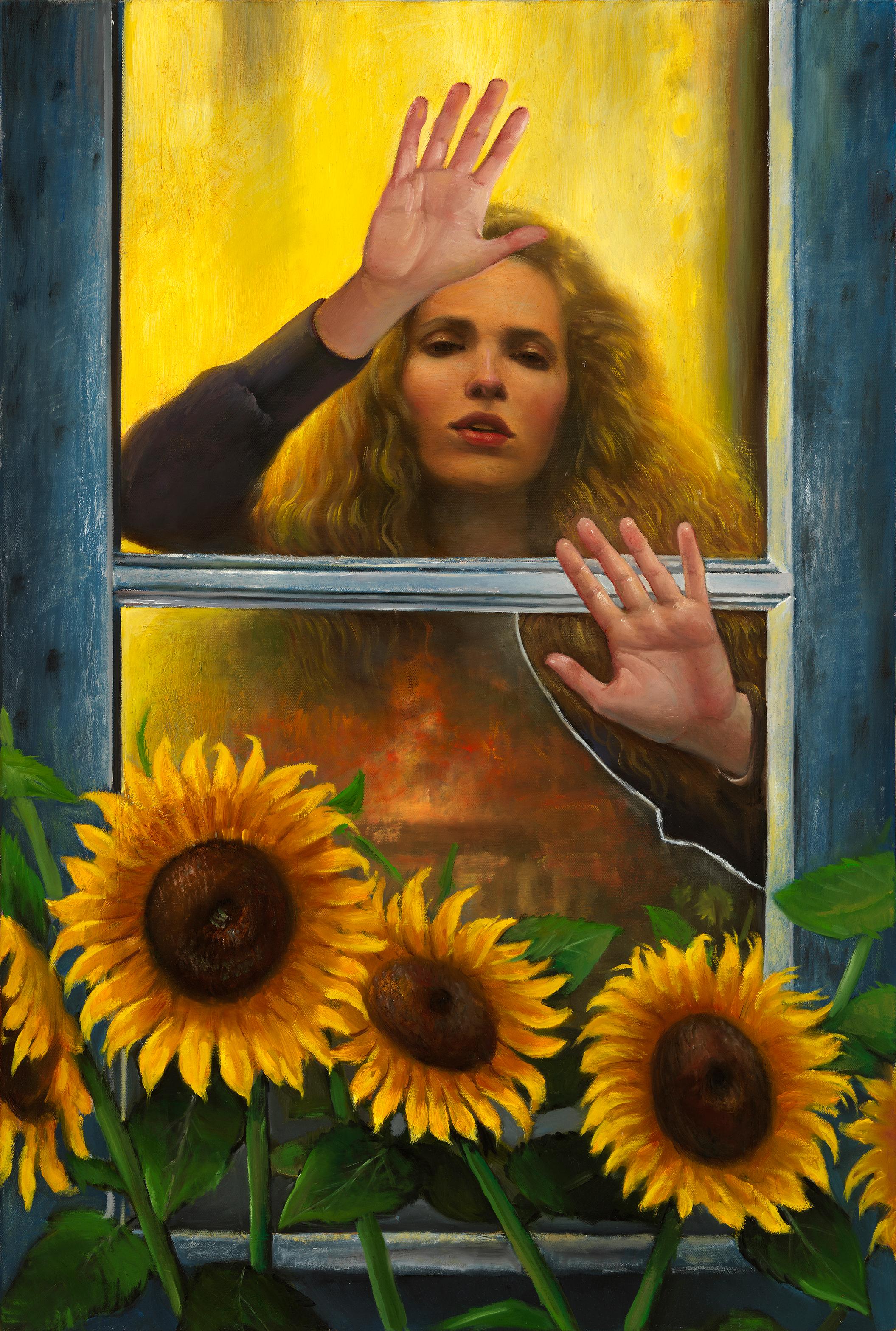 A New Day, Woman Behind Window with Sun Flowers in the Foreground, Oil on Canvas