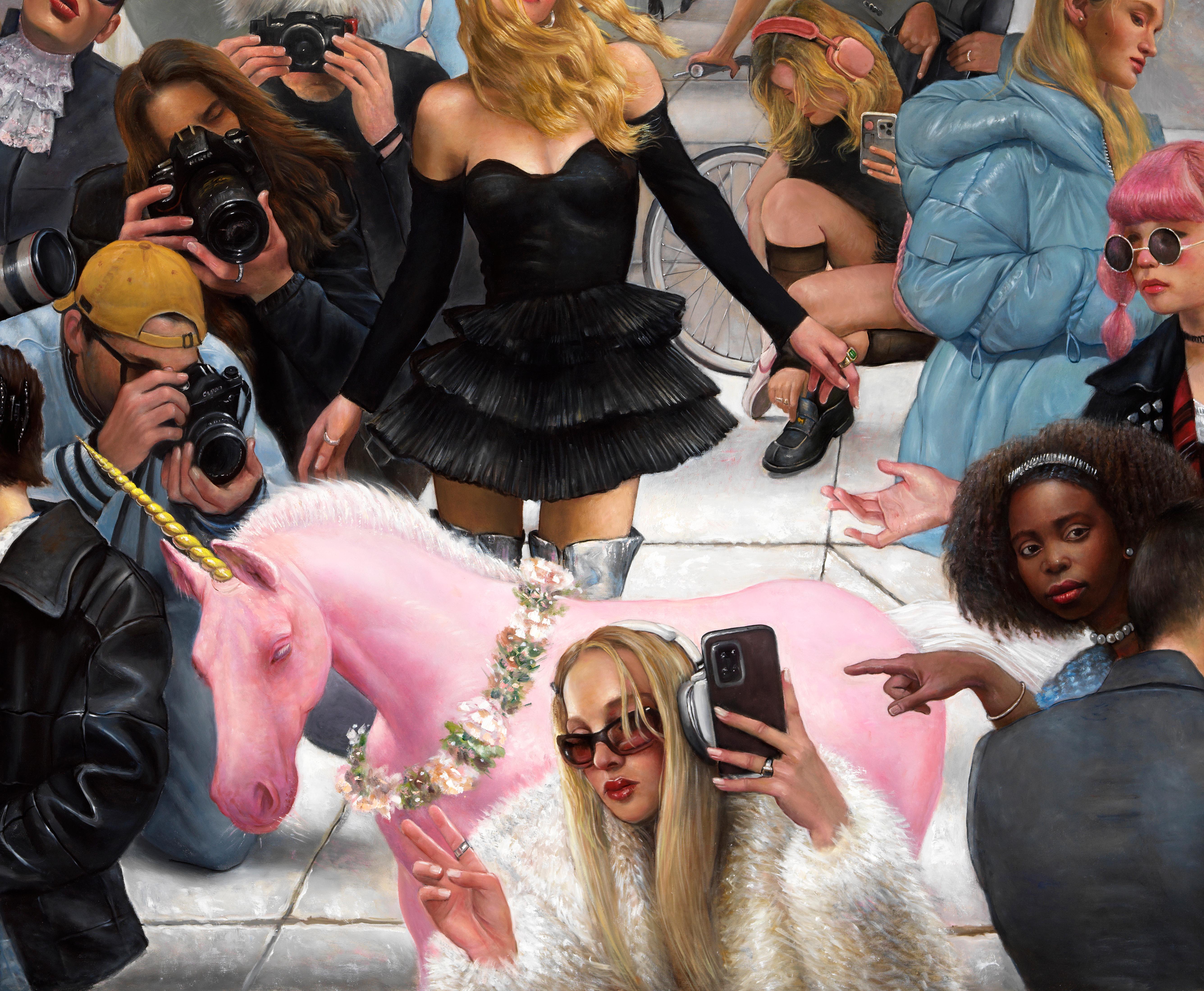 A Selfie, A Pink Unicorn, Paparazzi! What Does It Take To Get Noticed?   - Black Animal Painting by Bruno Surdo