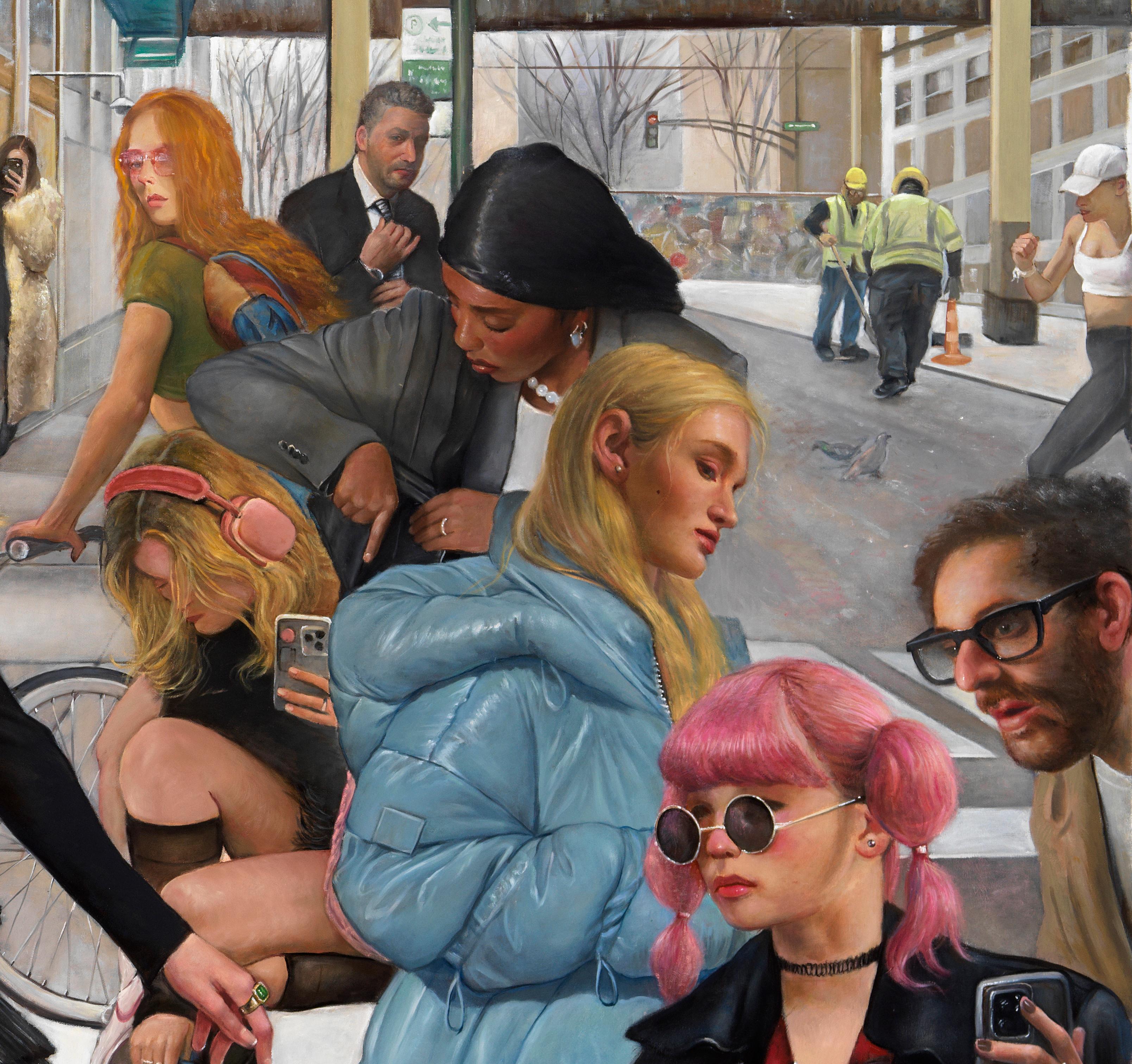 À l'ère des médias sociaux, nous rivalisons d'attention 24 heures sur 24 et 7 jours sur 7.  Bruno Surdo explore cette idée dans cette peinture à grande échelle intitulée 