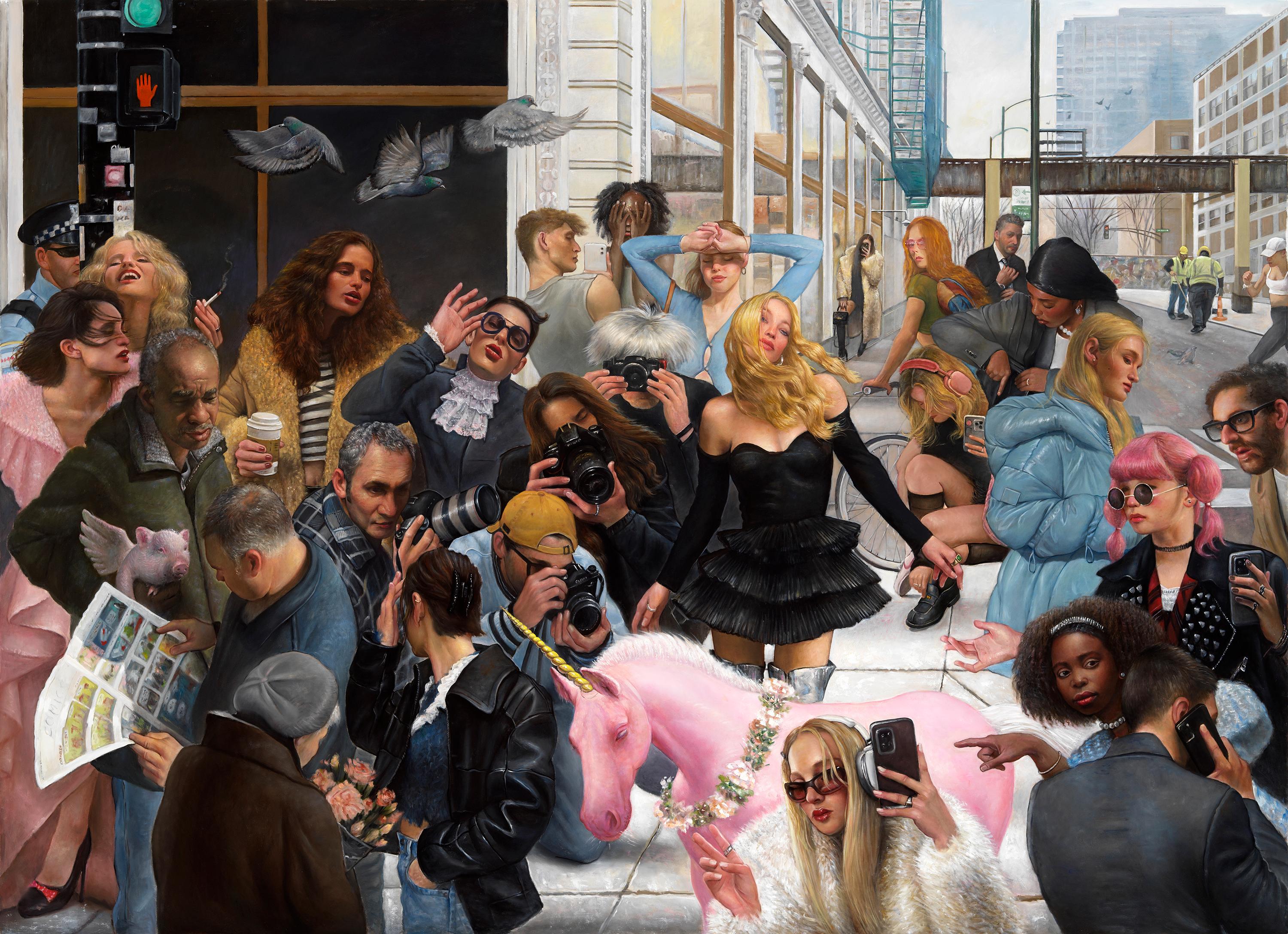 Bruno Surdo Animal Painting - A Selfie, A Pink Unicorn, Paparazzi! What Does It Take To Get Noticed?  