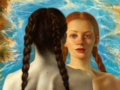 Mundos adyacentes  Mujer desnuda con trenzas mirando su reflejo a través de un portal