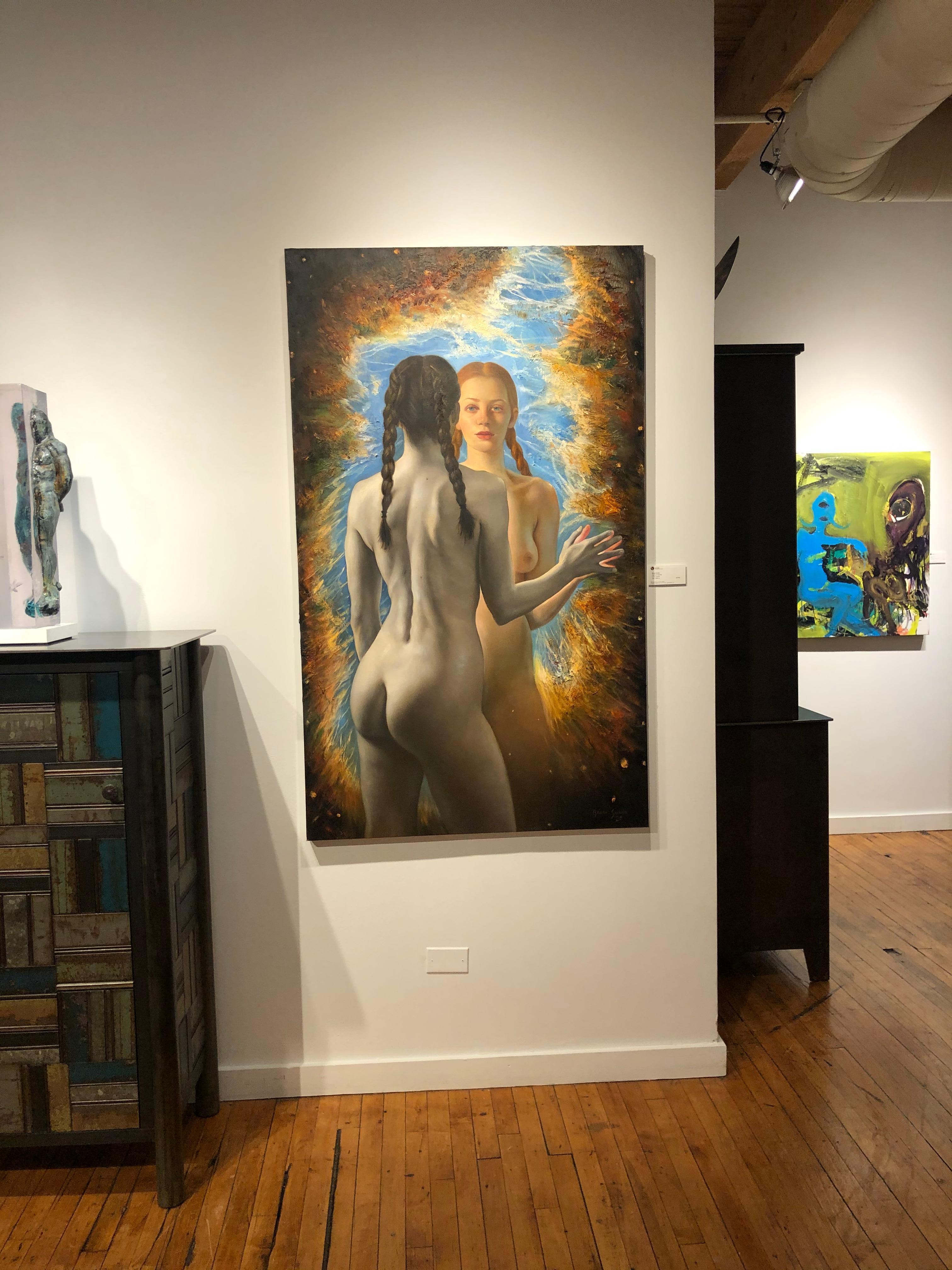 Adjacent Worlds  Female Nude with Braids Looking at Her Reflection Thru a Portal - Brown Nude Painting by Bruno Surdo