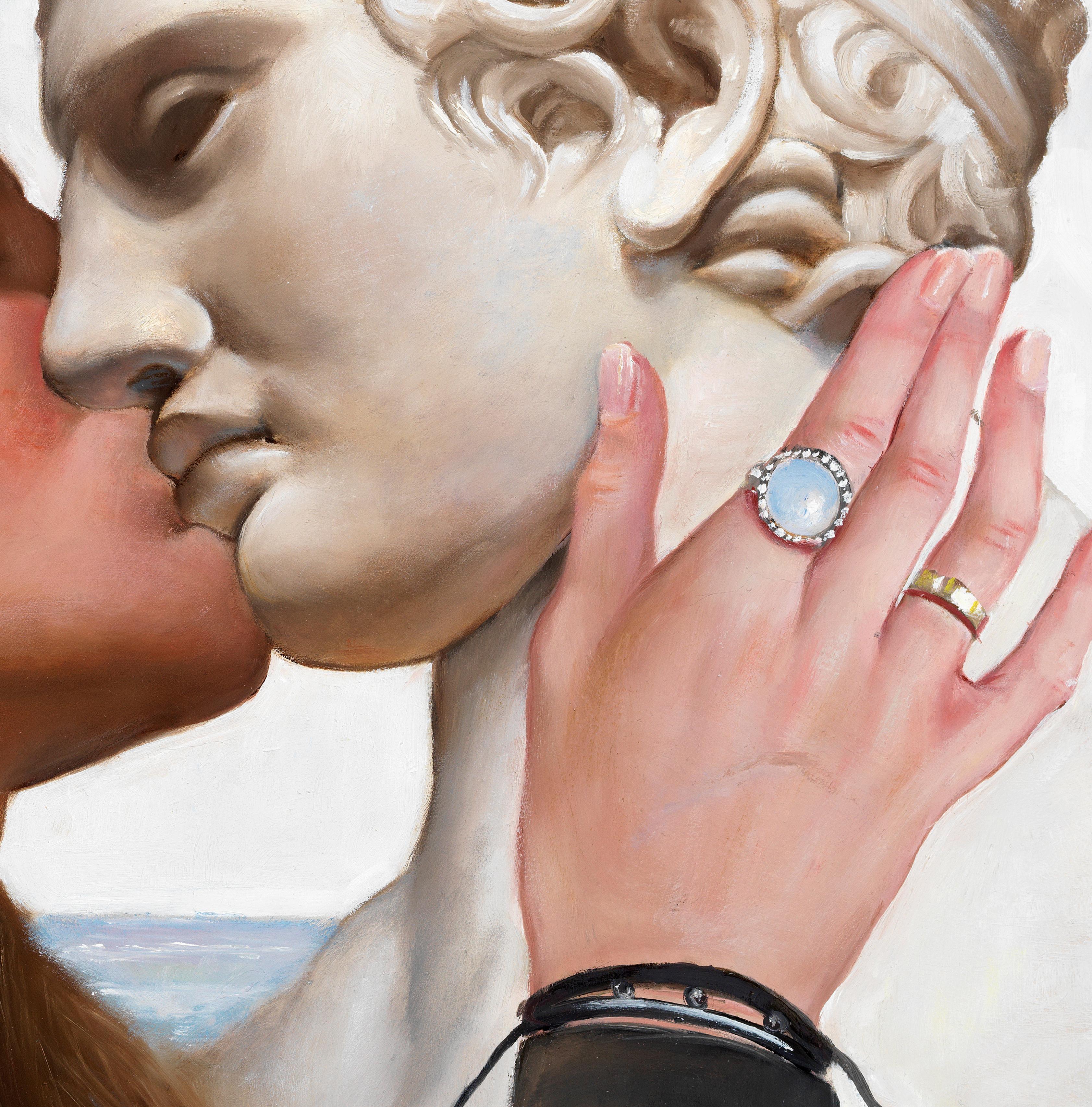 Beauty's Kiss - Woman Kissing a Statue of a Greek Warrior, Original Oil Painting For Sale 1