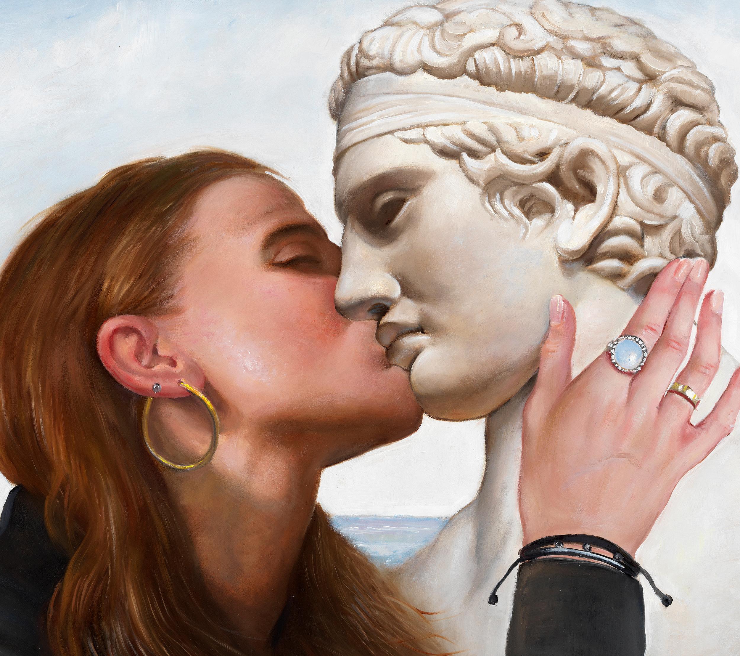 Beauty's Kiss - Woman Kissing a Statue of a Greek Warrior, Original Oil Painting For Sale 3