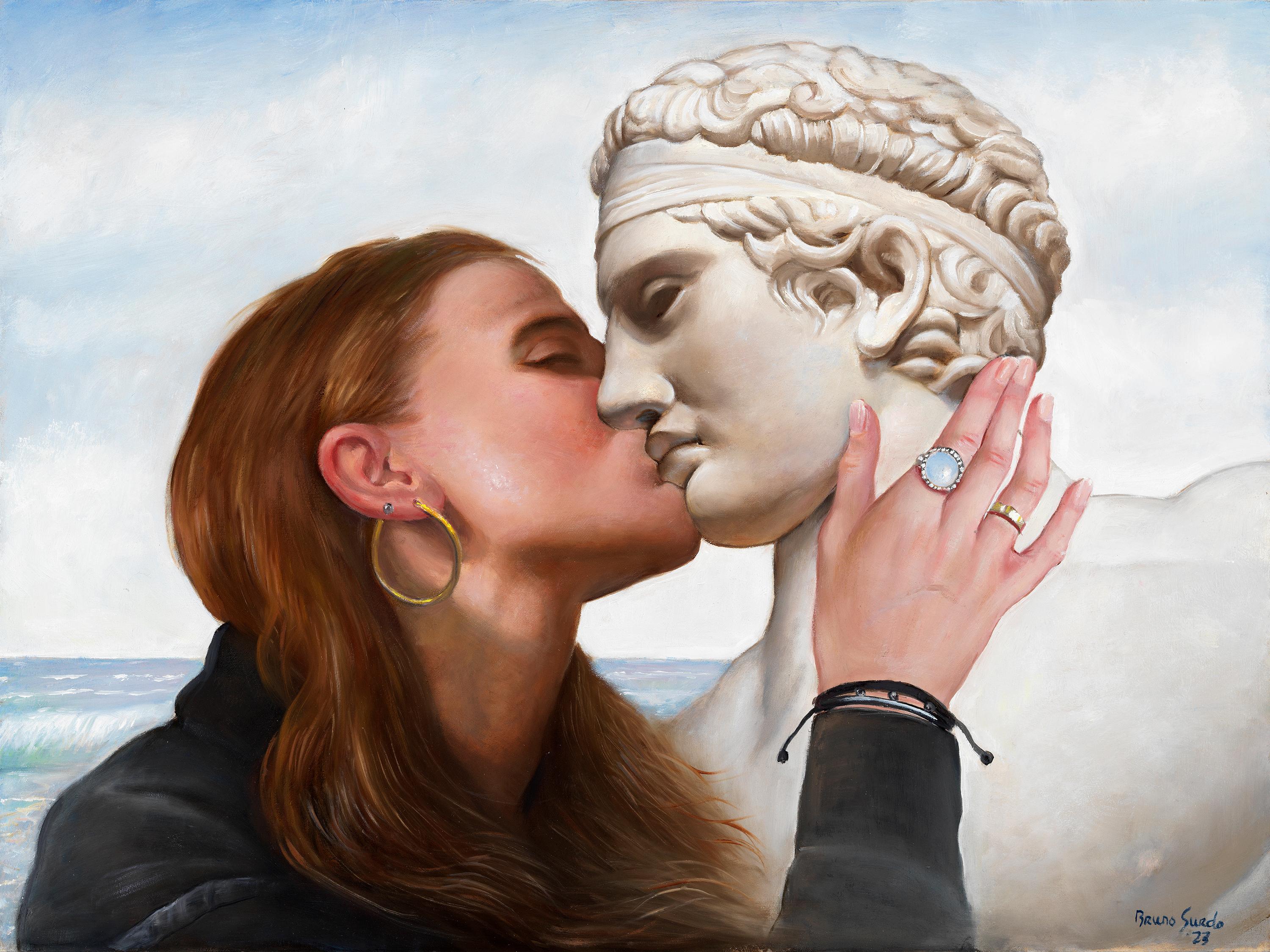 Bruno Surdo Figurative Painting - Beauty's Kiss - Woman Kissing a Statue of a Greek Warrior, Original Oil Painting