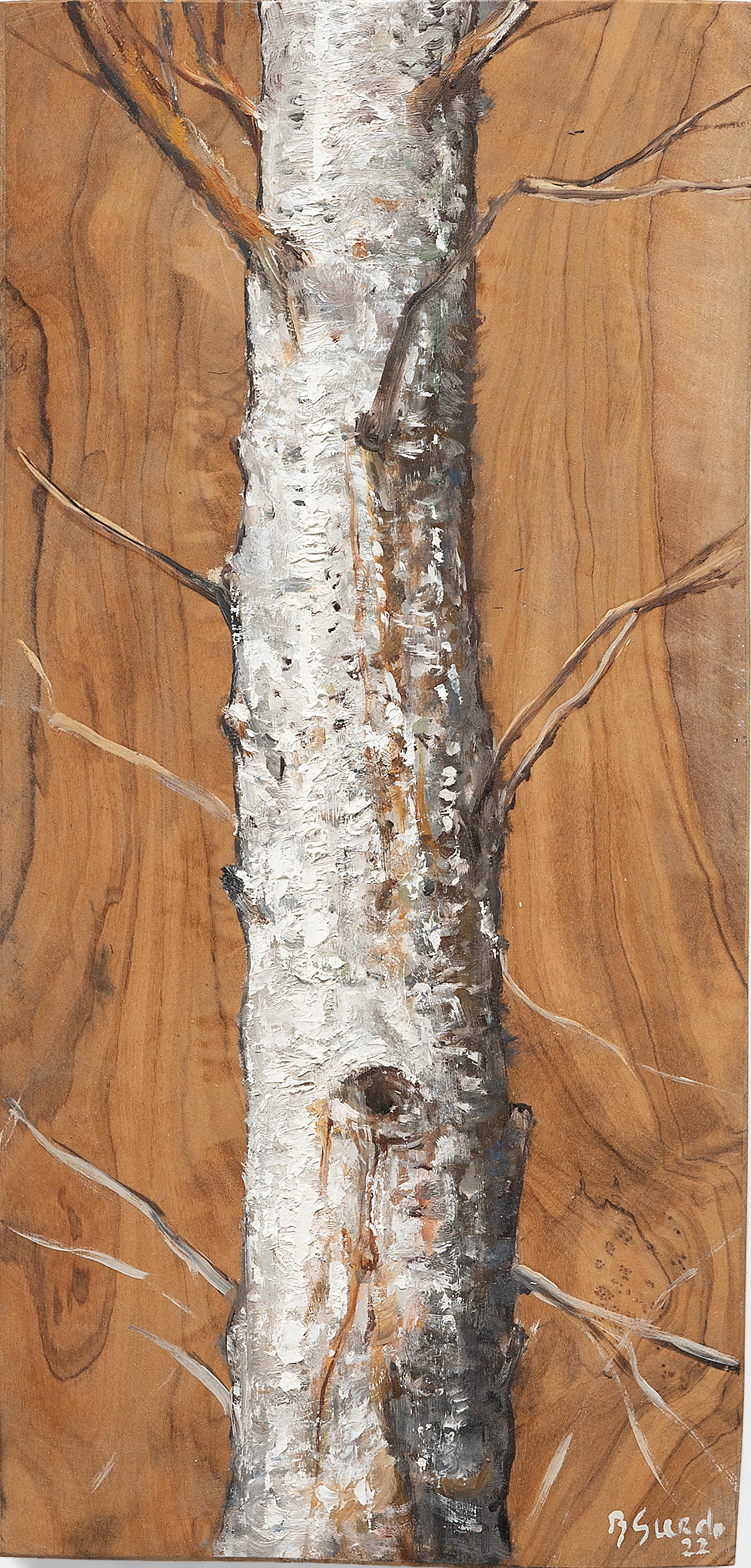 Bruno Surdo Landscape Painting - "Birch, " Oil Paint on Olive Board, 2022