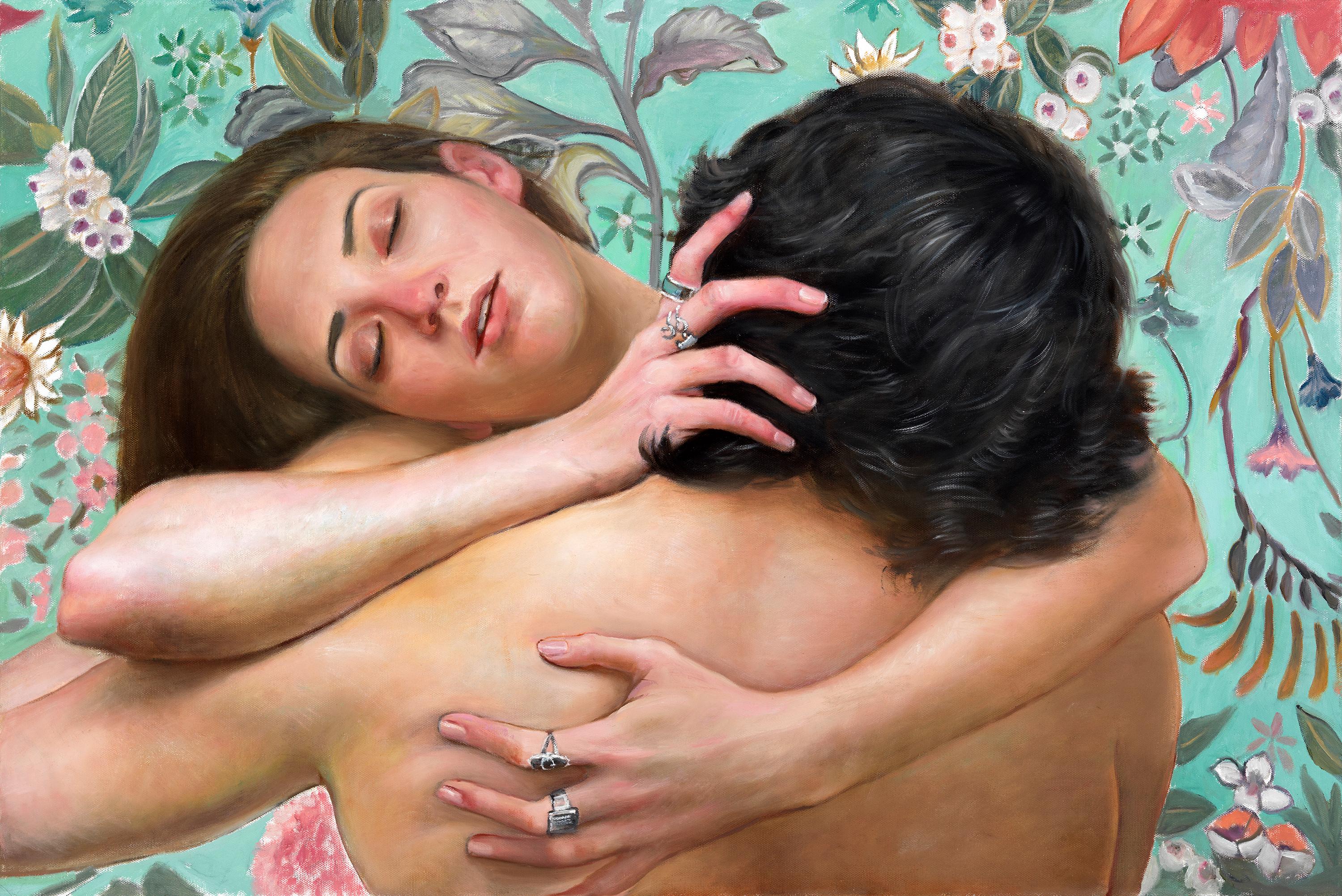 Nude Painting Bruno Surdo - « Connected Souls - Couple Embracing, fond floral, peinture à l'huile originale