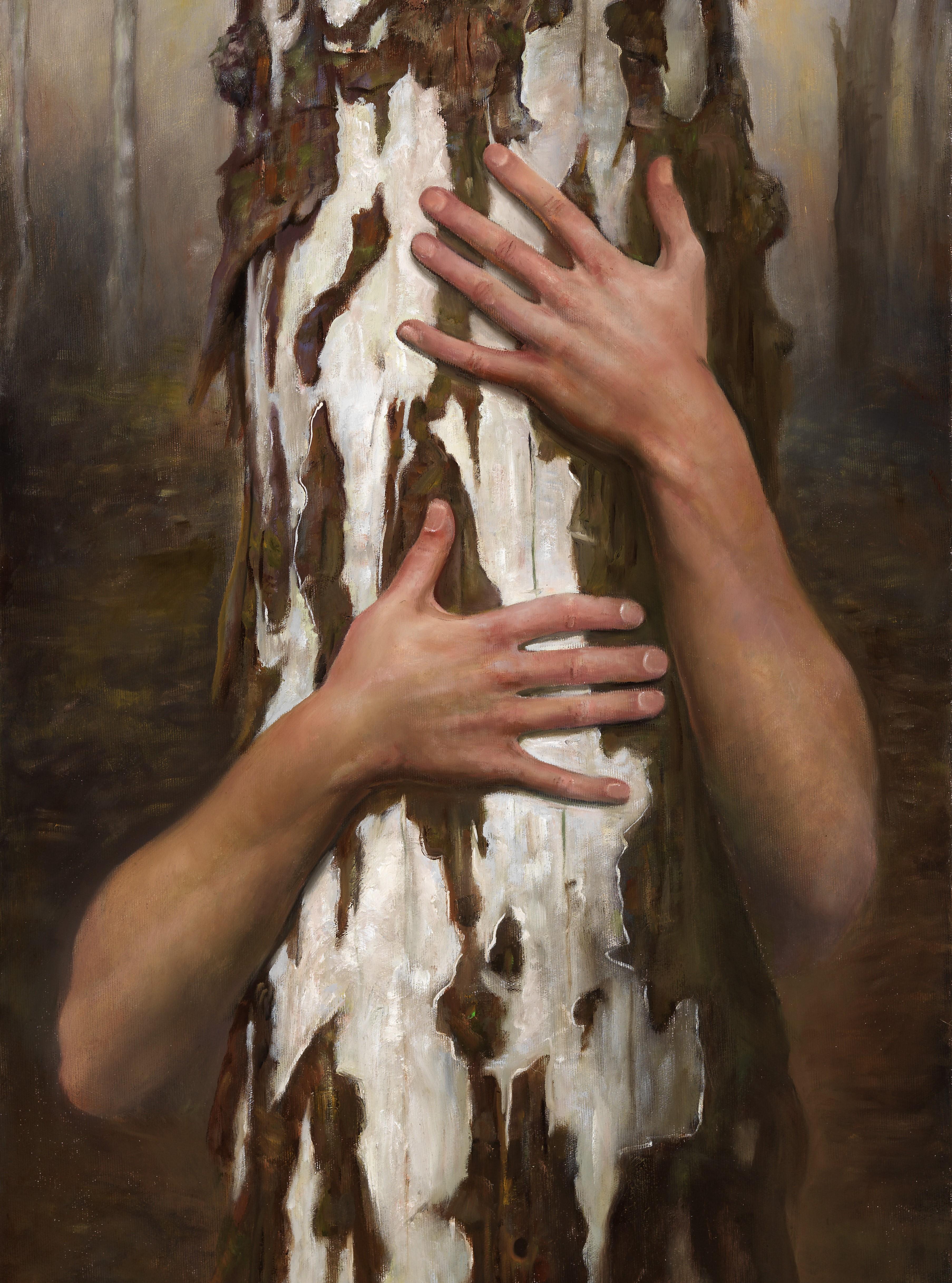 Connected Spirits - Arms Wrapped Around Textured Tree Trunk in A Stark Forest - Painting by Bruno Surdo