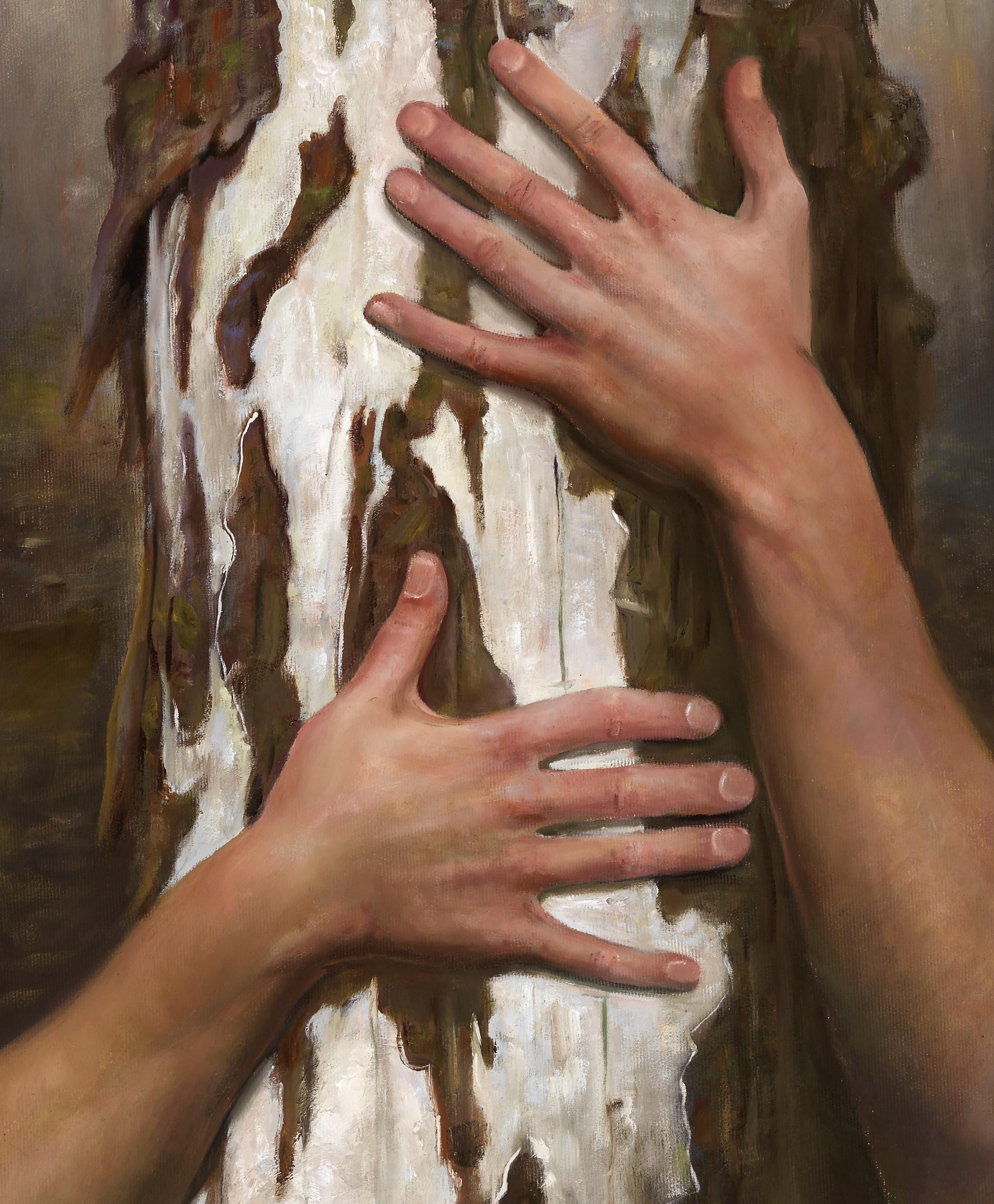 Connected Spirits - Arms Wrapped Around Textured Tree Trunk in A Stark Forest - Contemporary Painting by Bruno Surdo