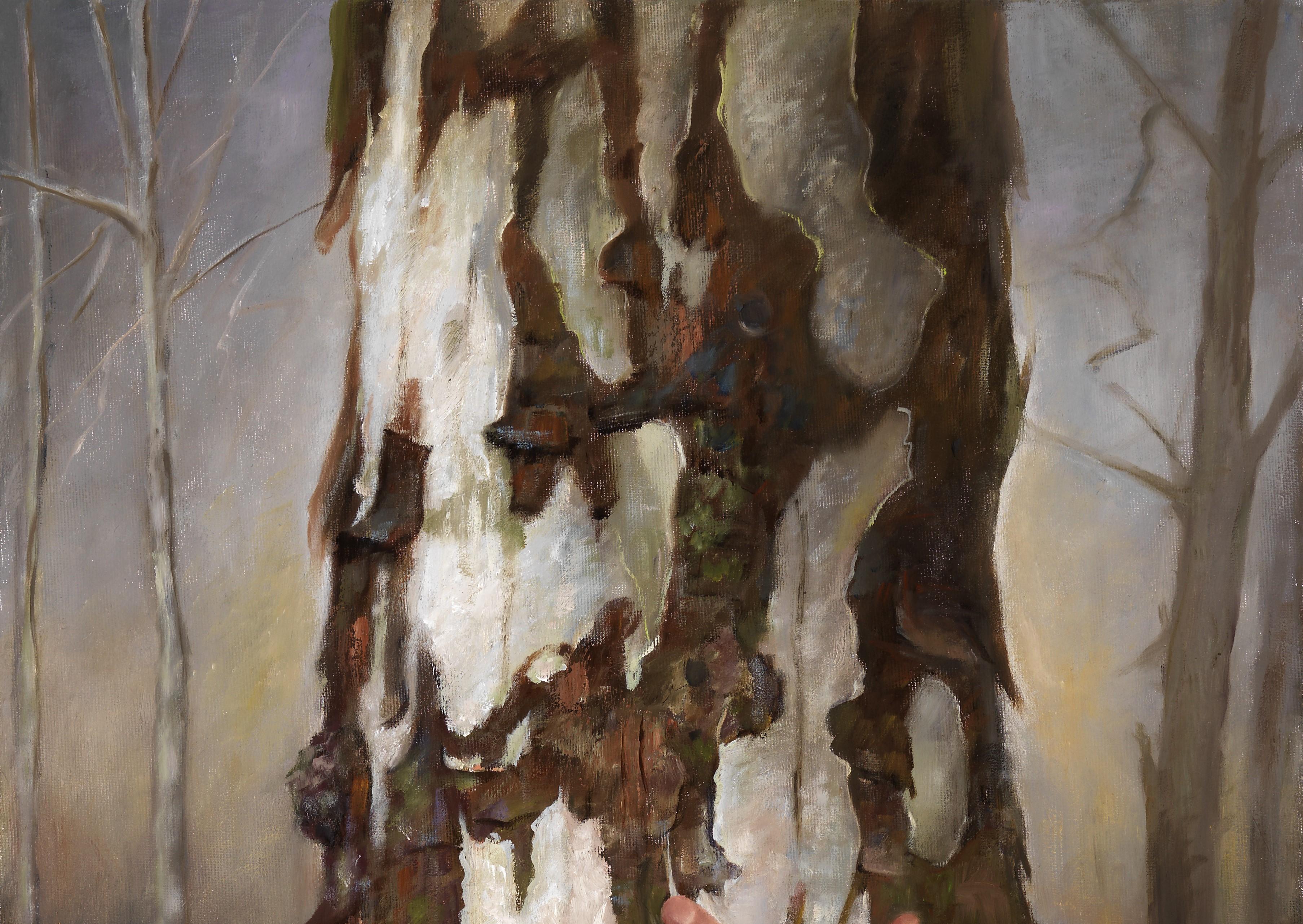 Connected Spirits - Arms Wrapped Around Textured Tree Trunk in A Stark Forest 1