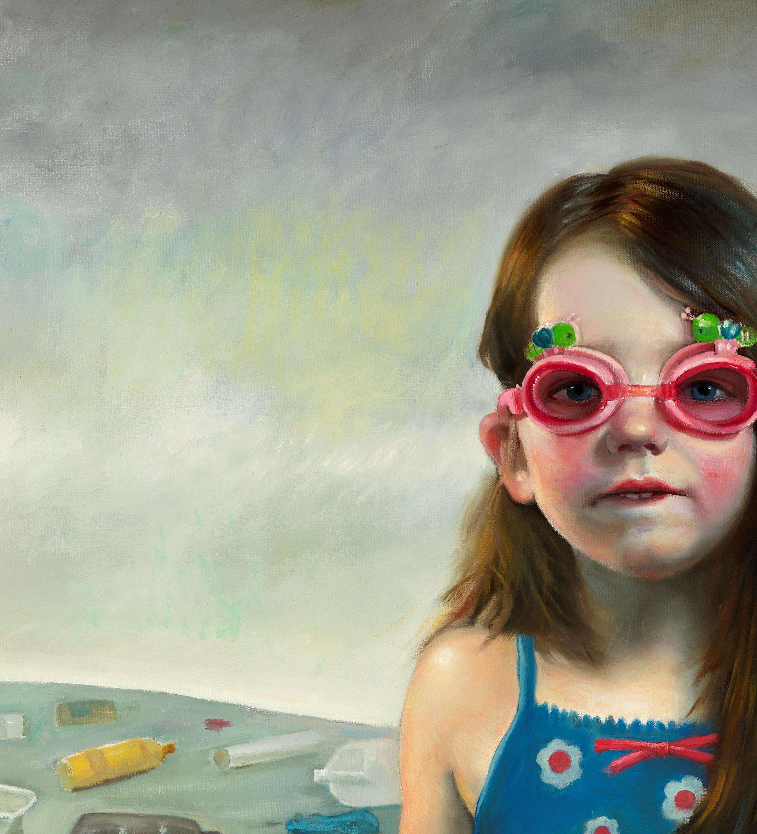 Contaminare gli innocenti: una bambina nuota circondata da rifiuti di plastica - Painting Contemporaneo di Bruno Surdo