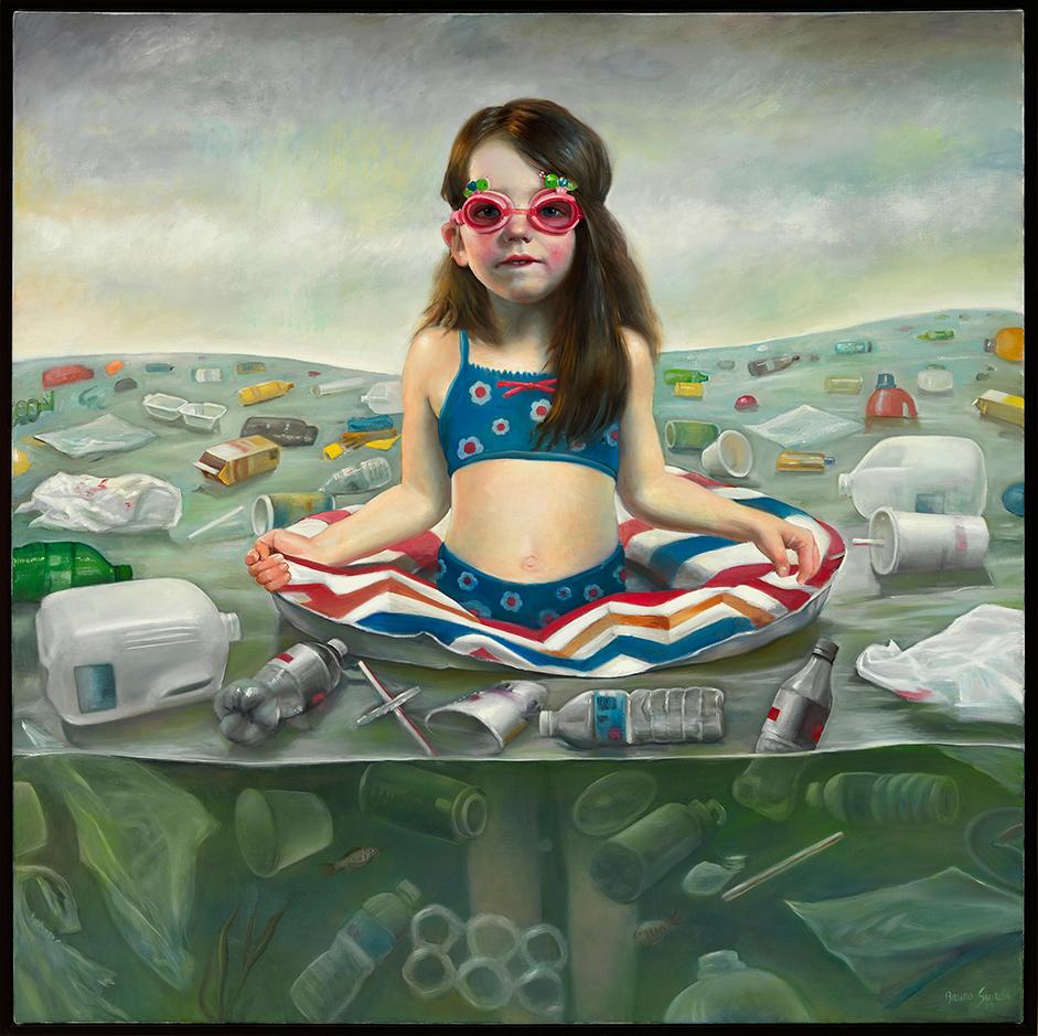 Contaminating the Innocent - Young Girl Swimming Surrounded by Plastic Waste