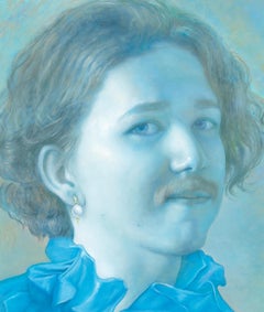 Daydreamer - Blue portrait with sequins - Original painting by Bruno Surdo