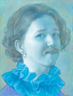 Daydreamer - Blue portrait with sequins - Original painting by Bruno Surdo