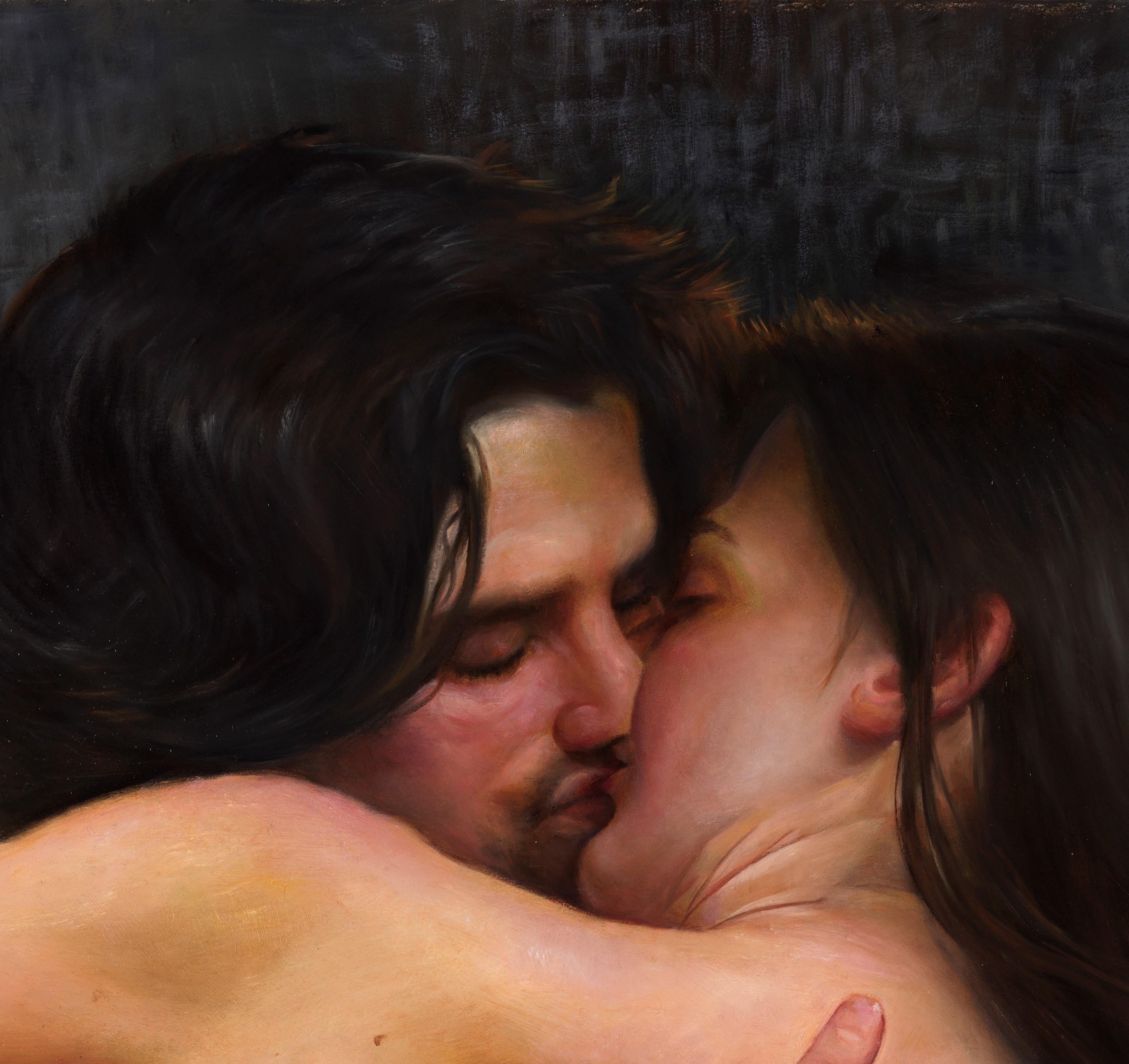 Desire - Lovers nus enlacés dans une bague passionnée, huile sur papier sur toile - Painting de Bruno Surdo
