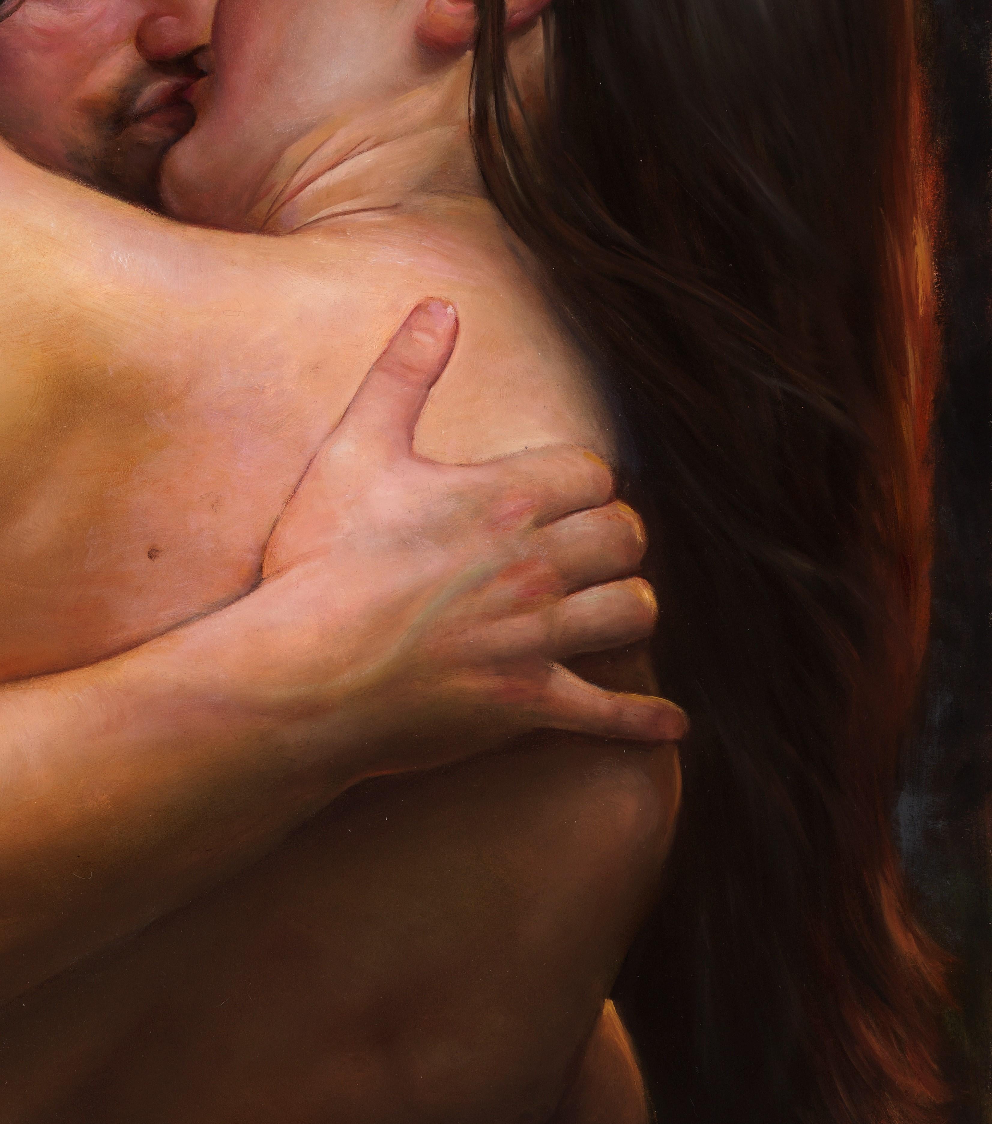 Erhabenheit - Nackte Liebhaber in einem leidenschaftlichen Kissen, Öl auf Papier auf Leinwand (Zeitgenössisch), Painting, von Bruno Surdo