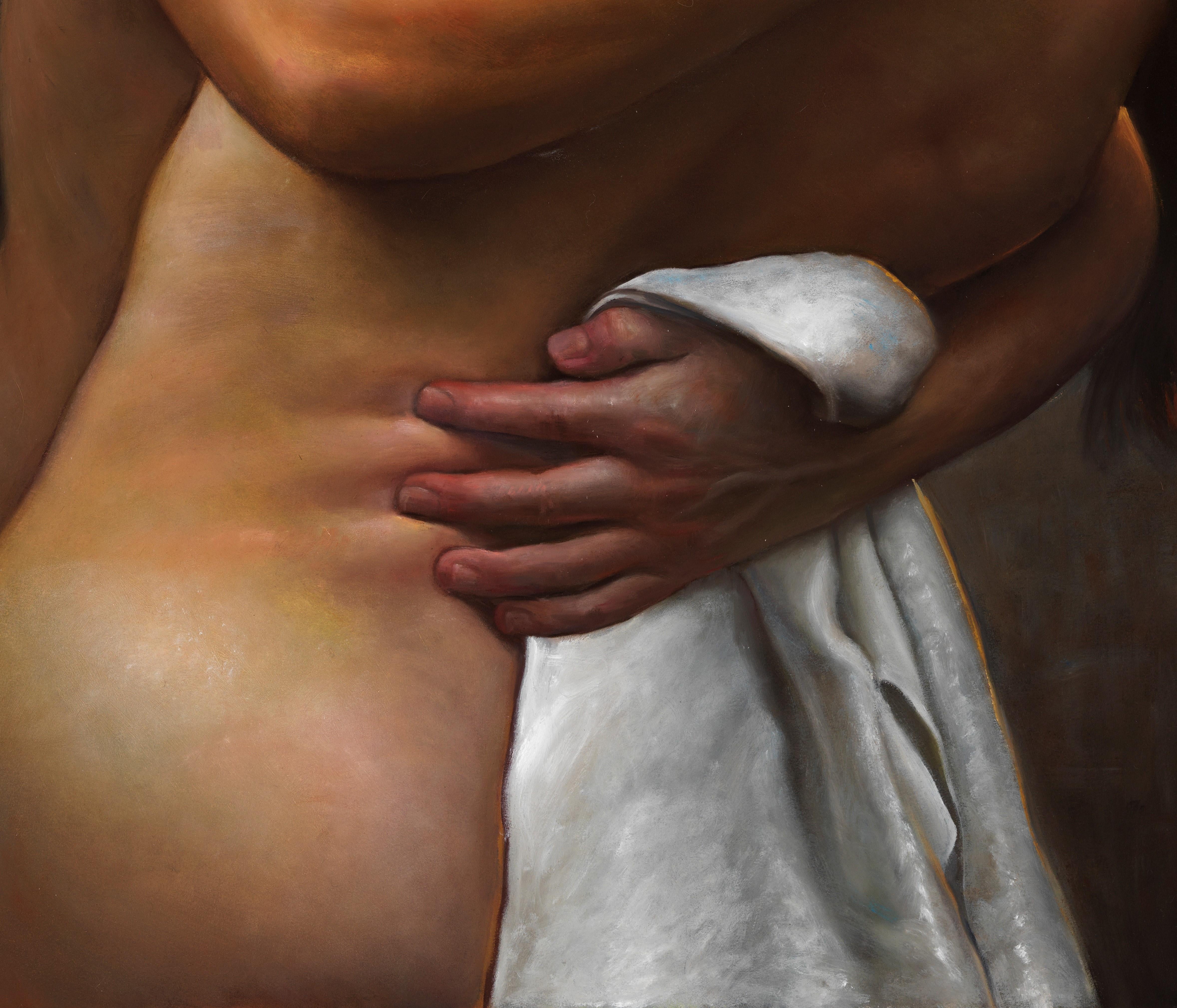 Erhabenheit - Nackte Liebhaber in einem leidenschaftlichen Kissen, Öl auf Papier auf Leinwand (Schwarz), Nude Painting, von Bruno Surdo