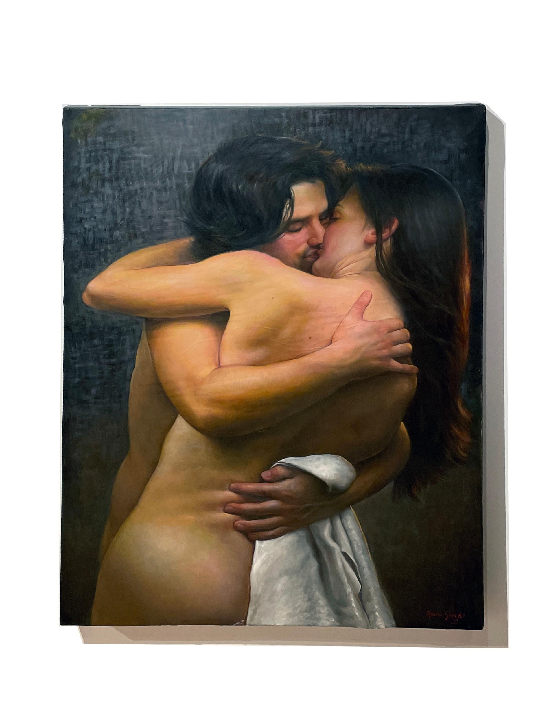 Desire - Lovers nus enlacés dans une bague passionnée, huile sur papier sur toile en vente 2
