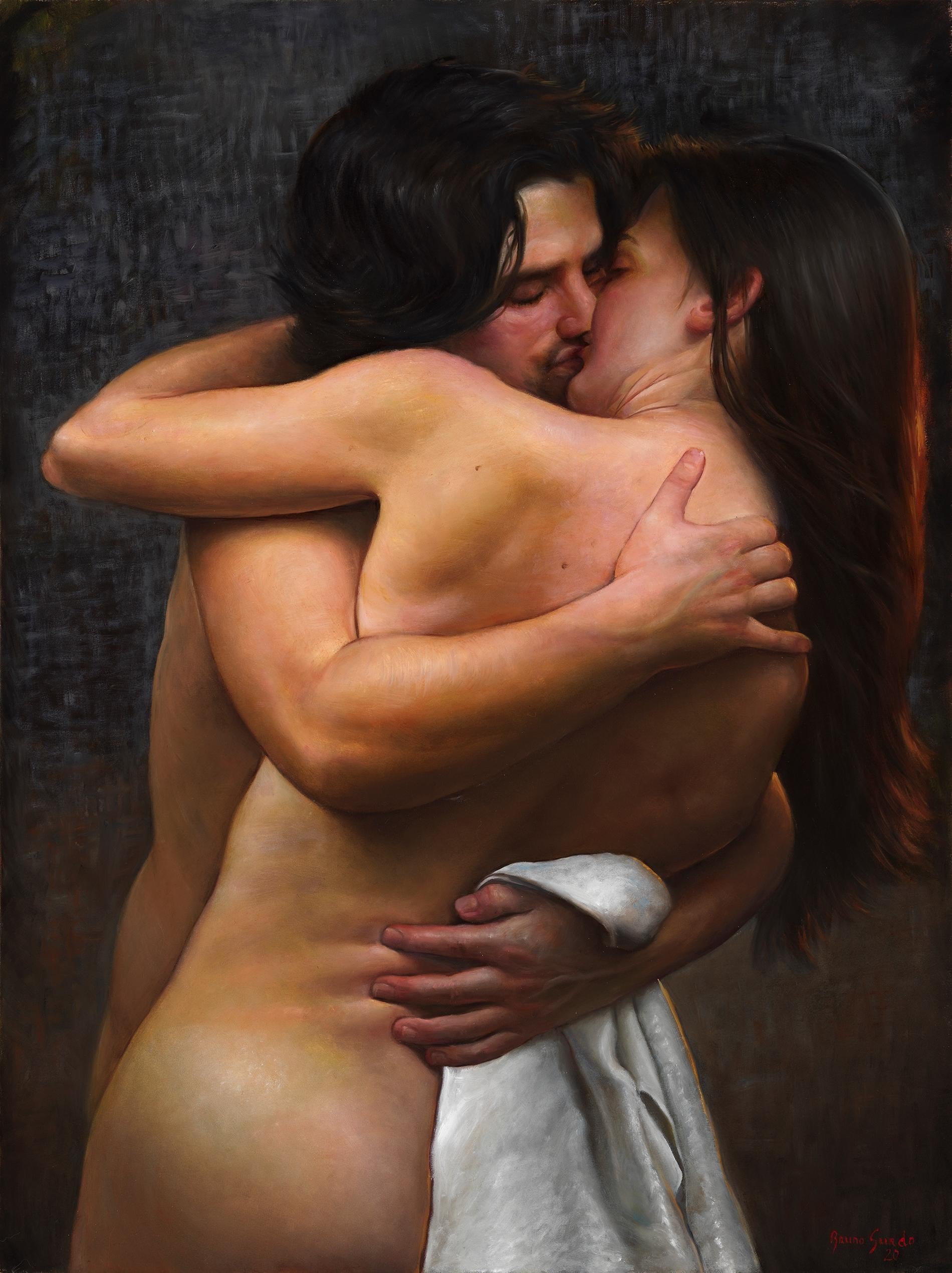 Desire - Nude Lovers Entangled in a Passionate Kiss, Oil on Paper on Canvas