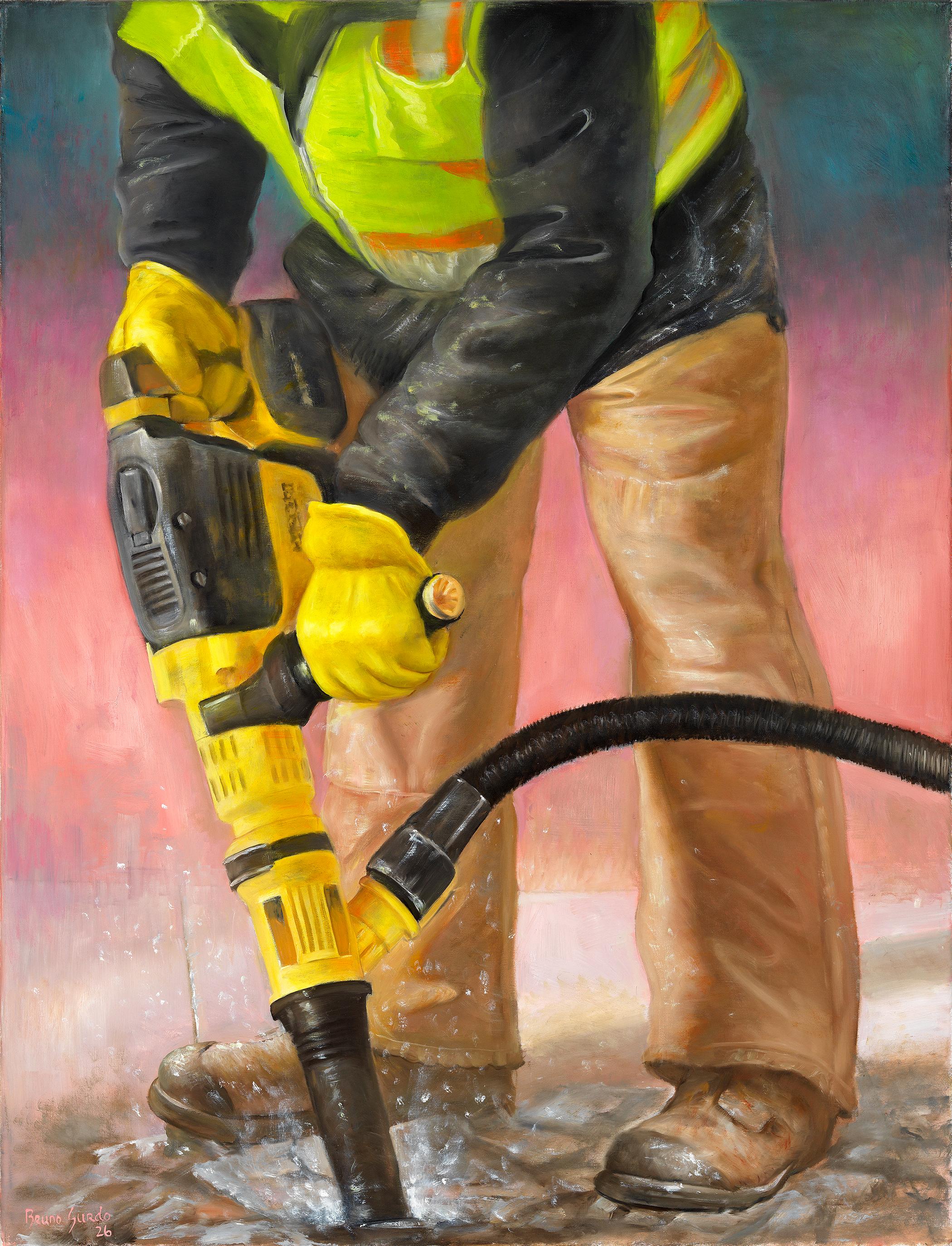 Bruno Surdo Portrait Painting - Destruction, 2026 - Construction Worker with a Jack Hammer, Oil on Canvas