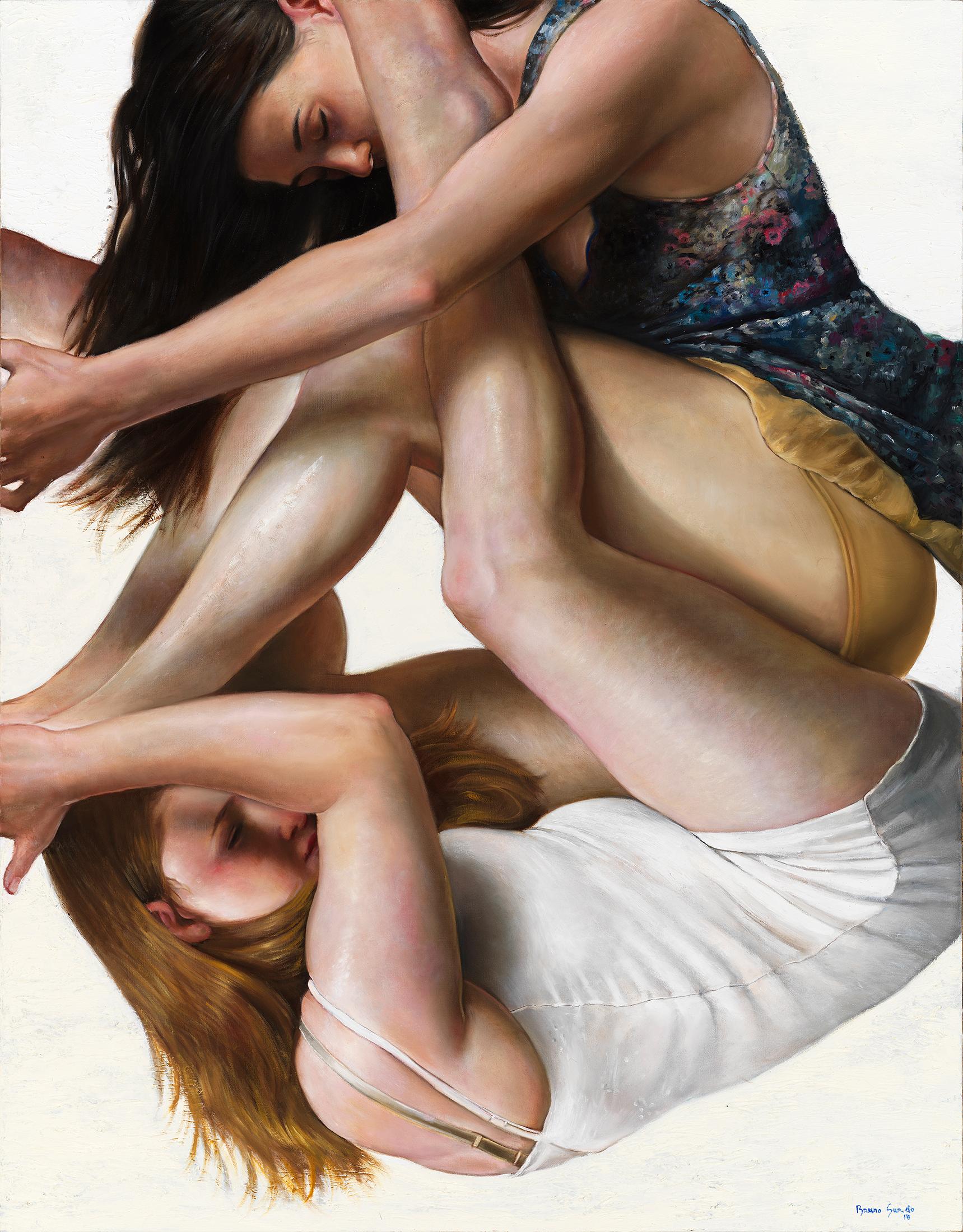 Figurative Painting di Bruno Surdo - Entanglement - Pittura ad olio originale di figure femminili intrecciate che galleggiano