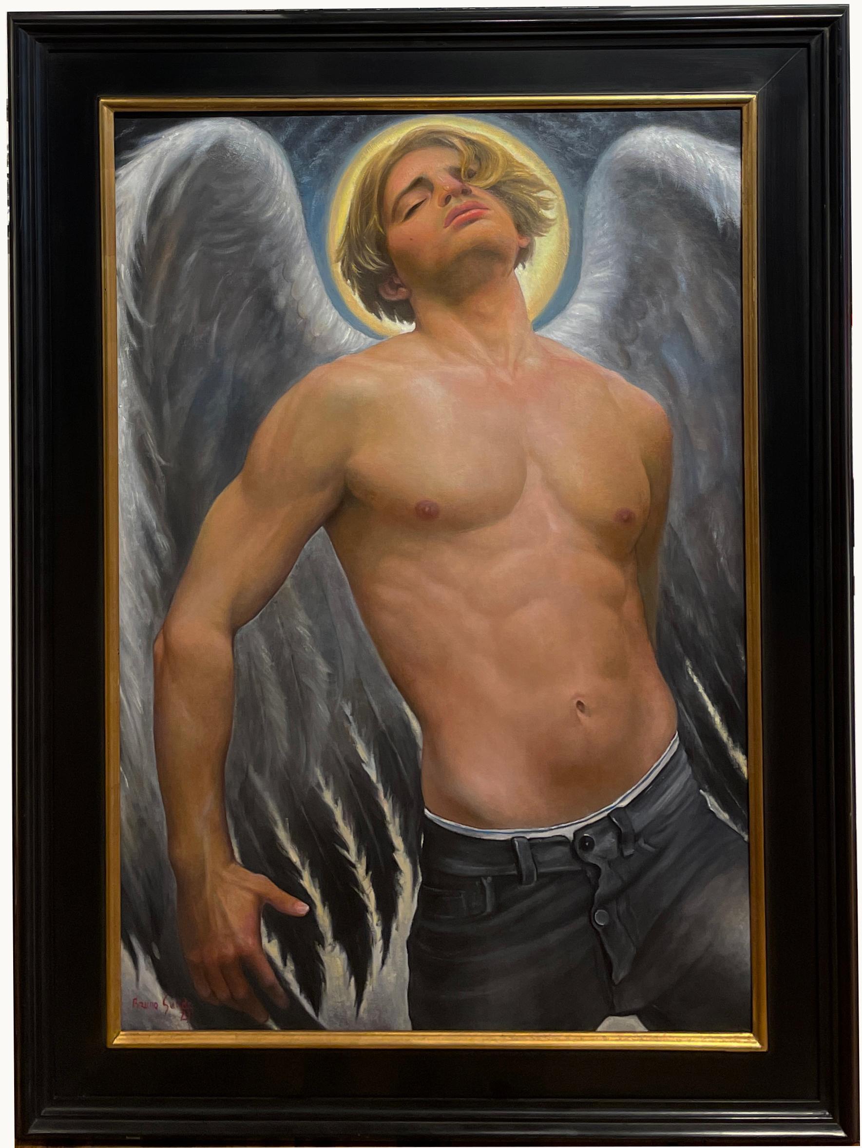 Ange déchu - Homme aux ailes blondes et aux seins nus, peinture à l'huile contemporaine - Painting de Bruno Surdo