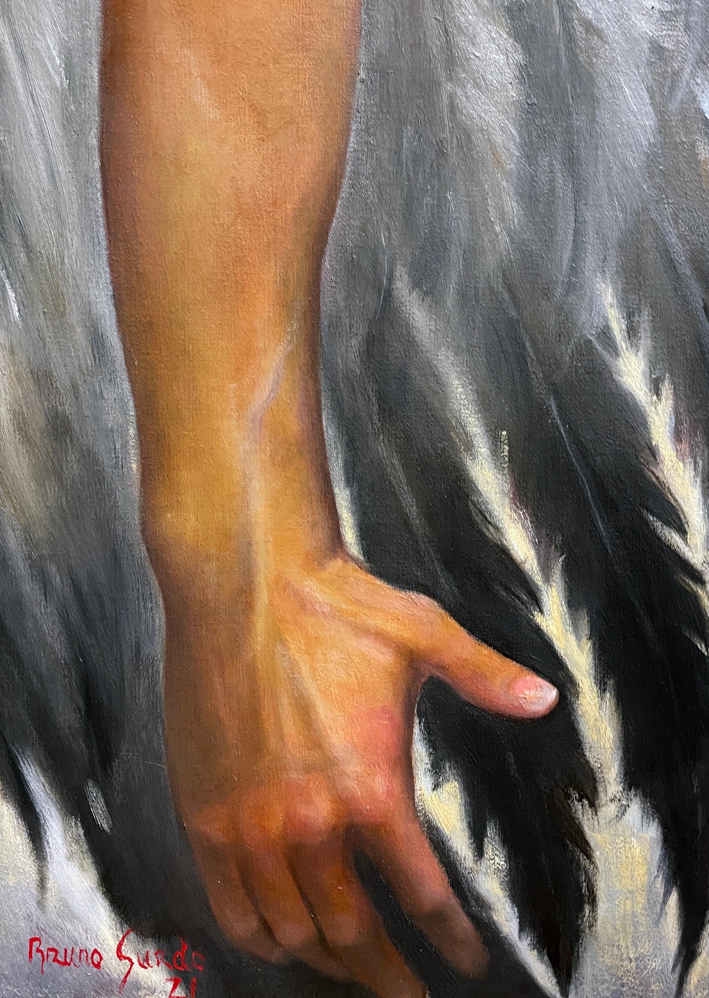 Fallen Angel - Blond, Bare Chested Winged Male, Contemporary Oil Painting  - Black Figurative Painting by Bruno Surdo