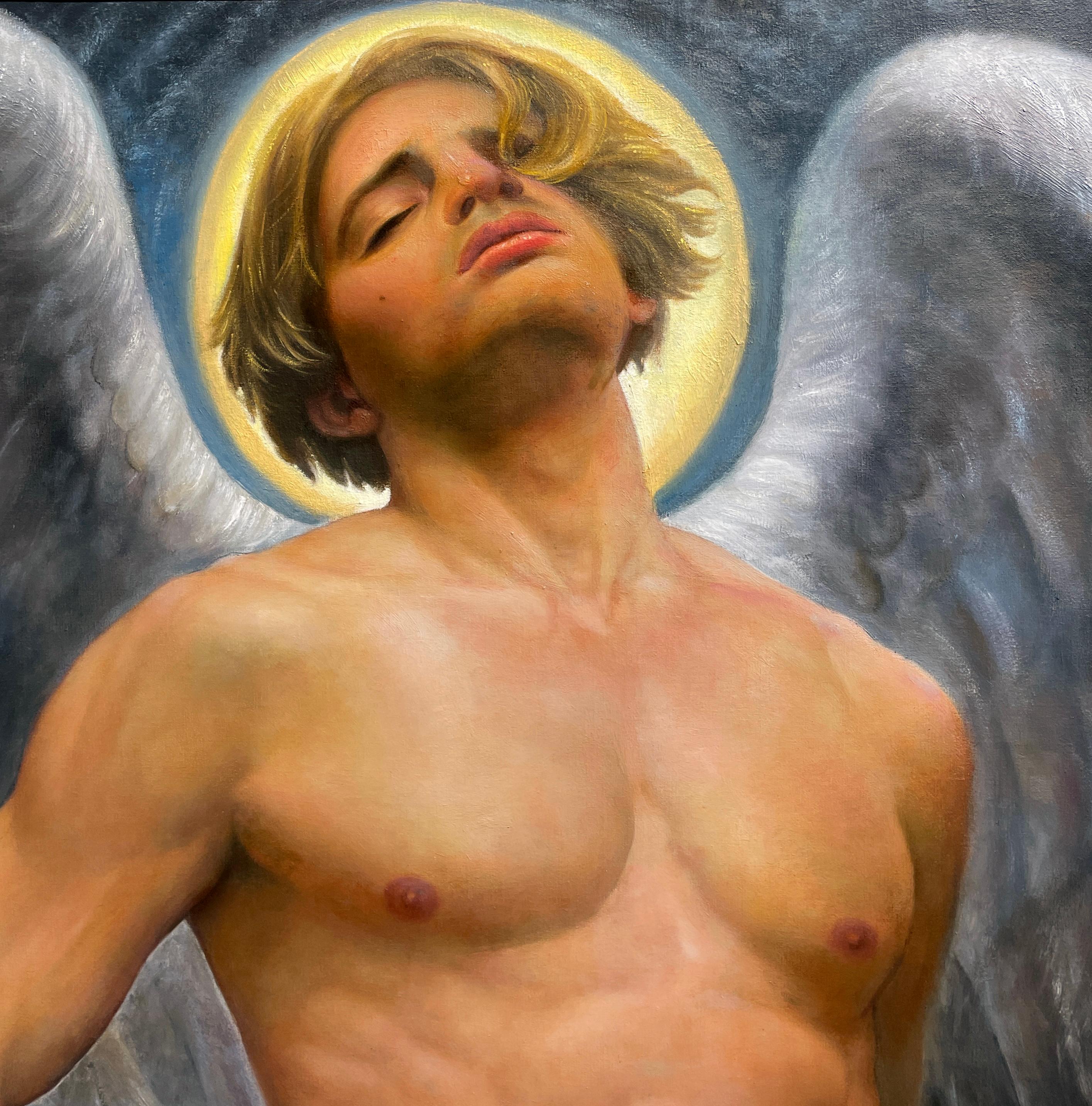 Ange déchu - Homme aux ailes blondes et aux seins nus, peinture à l'huile contemporaine  - Contemporain Painting par Bruno Surdo