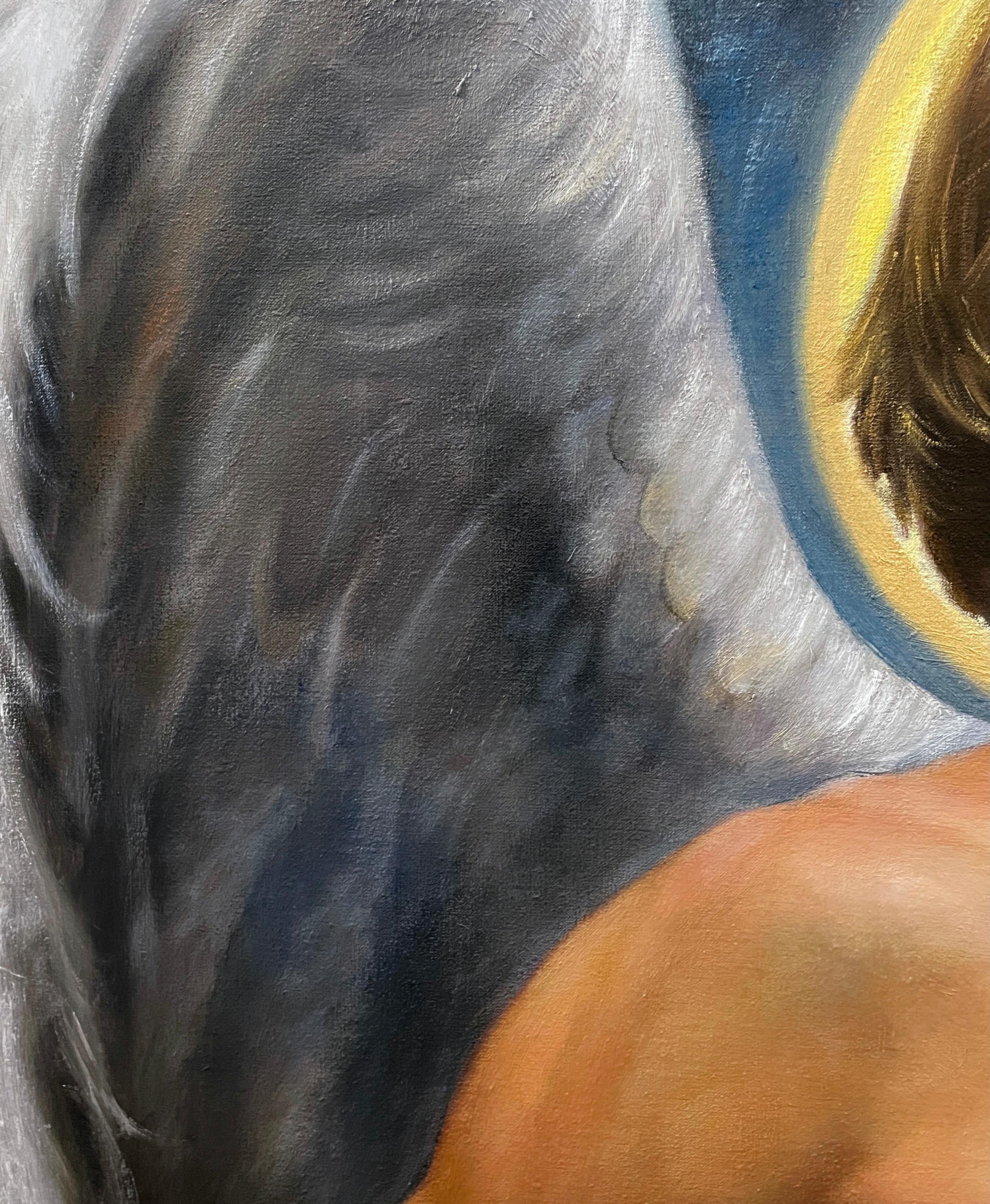 Ange déchu - Homme aux ailes blondes et aux seins nus, peinture à l'huile contemporaine  - Noir Figurative Painting par Bruno Surdo