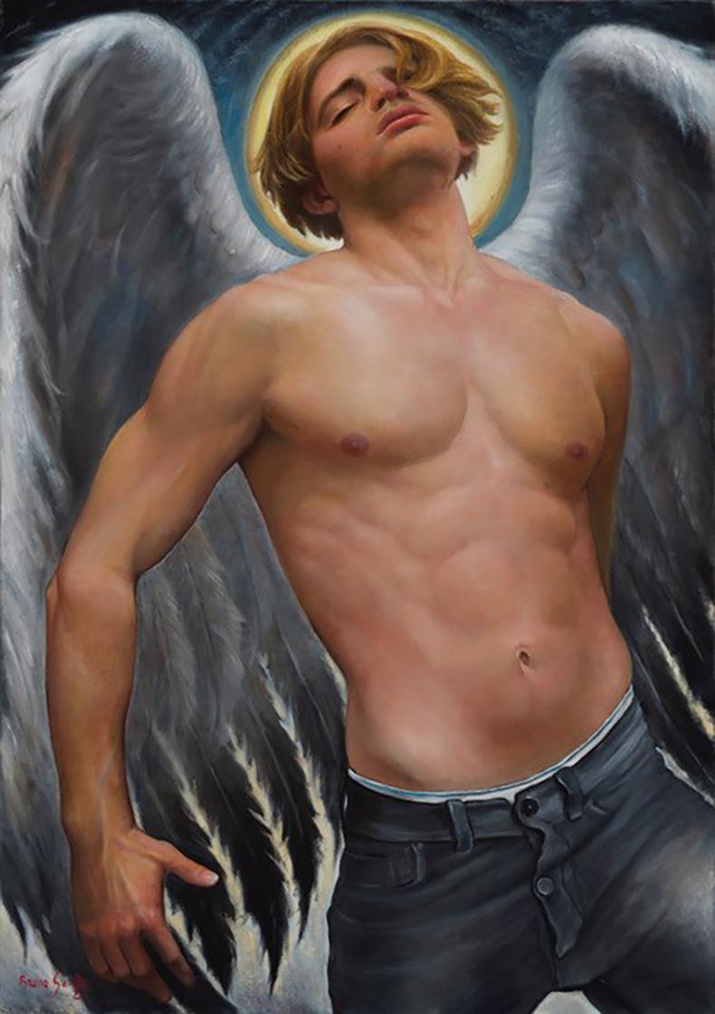 Figurative Painting Bruno Surdo - Ange déchu - Homme aux ailes blondes et aux seins nus, peinture à l'huile contemporaine 