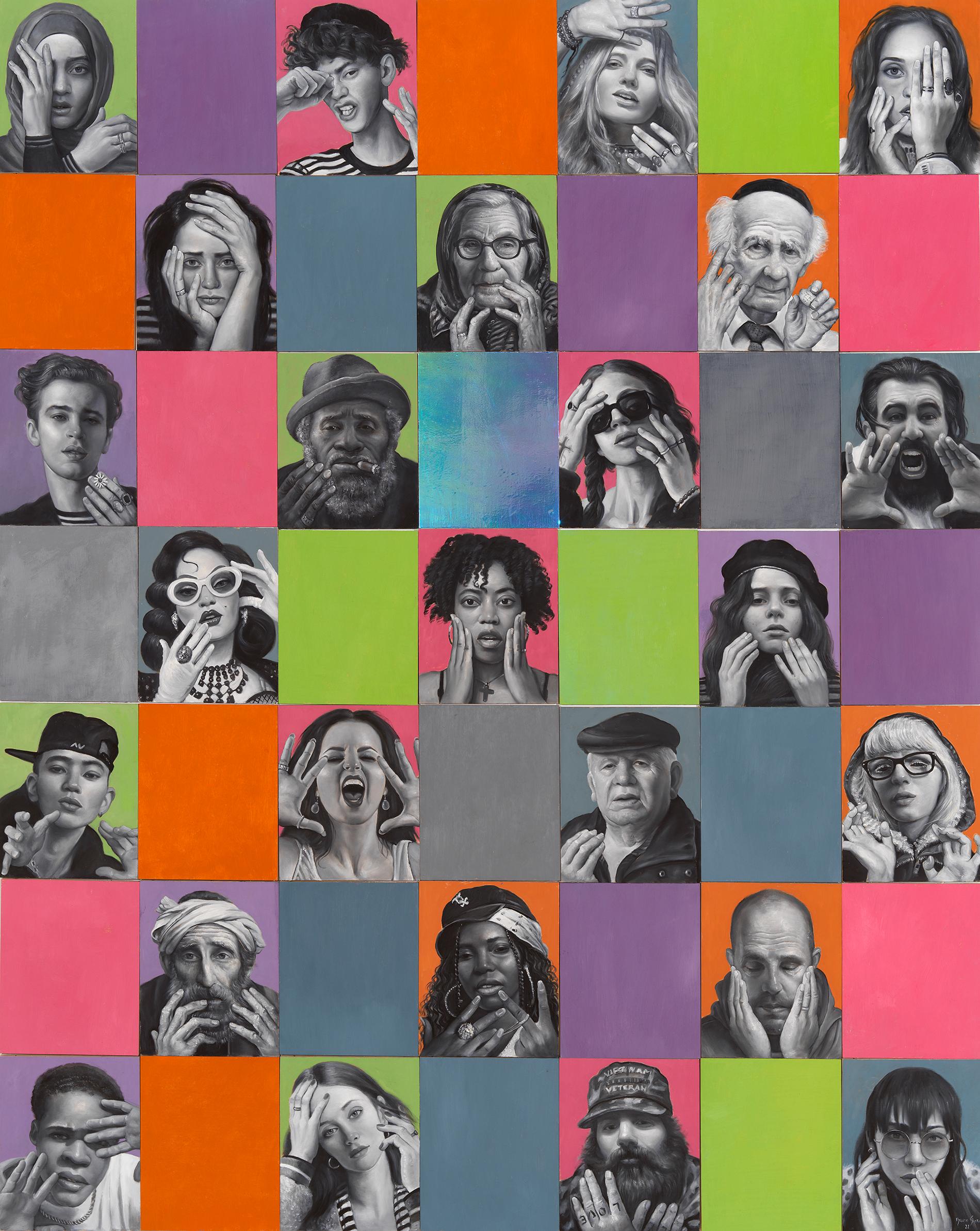 Figurative Painting Bruno Surdo - Framework of Our Humanity - Grande mosaïque de portraits multi-portraits, huile sur panneau