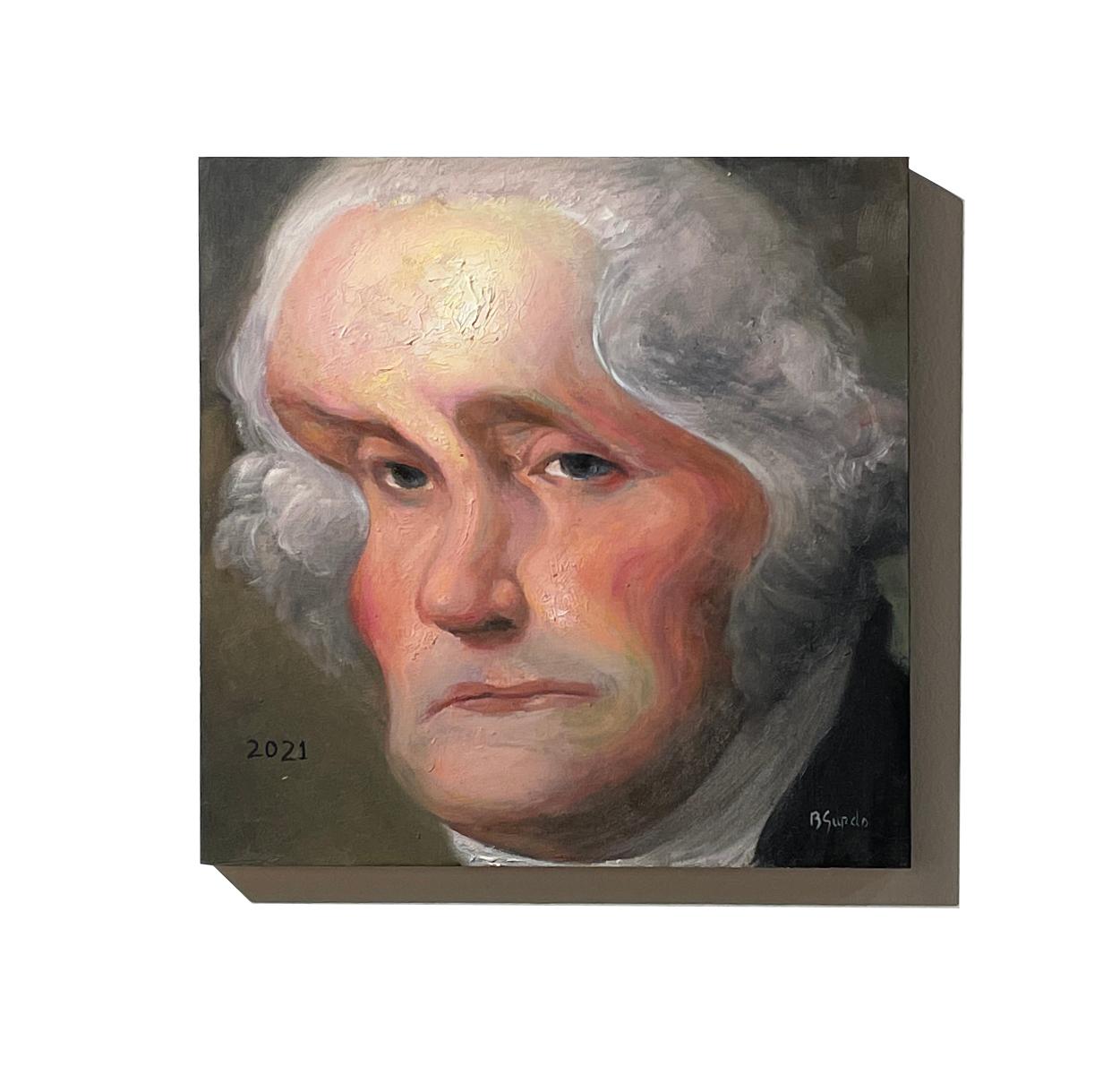 George - Verdrehtes Porträt George Washington, Original, Öl auf Tafel (Braun), Portrait Painting, von Bruno Surdo