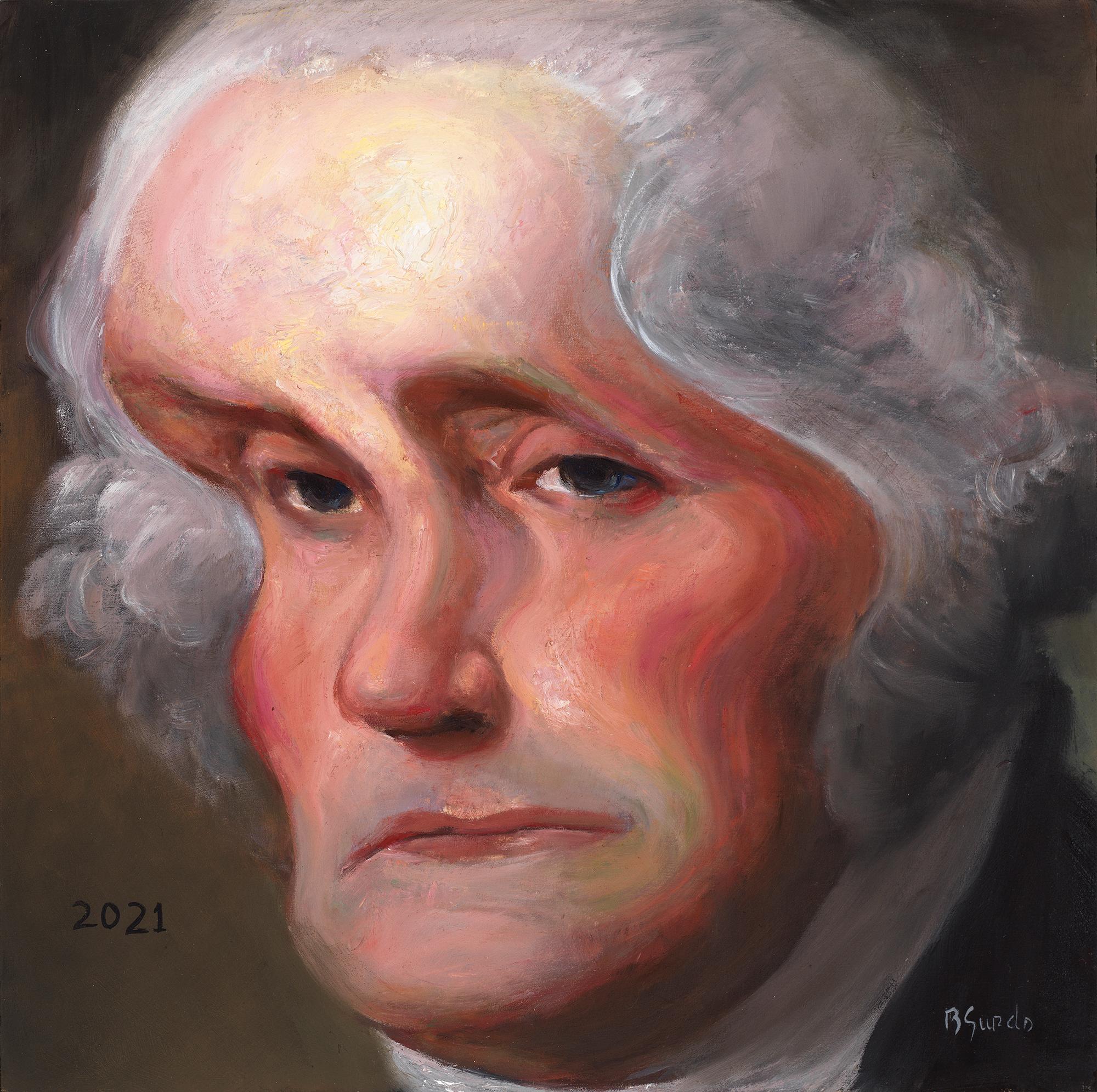 Bruno Surdo Portrait Painting – George - Verdrehtes Porträt George Washington, Original, Öl auf Tafel