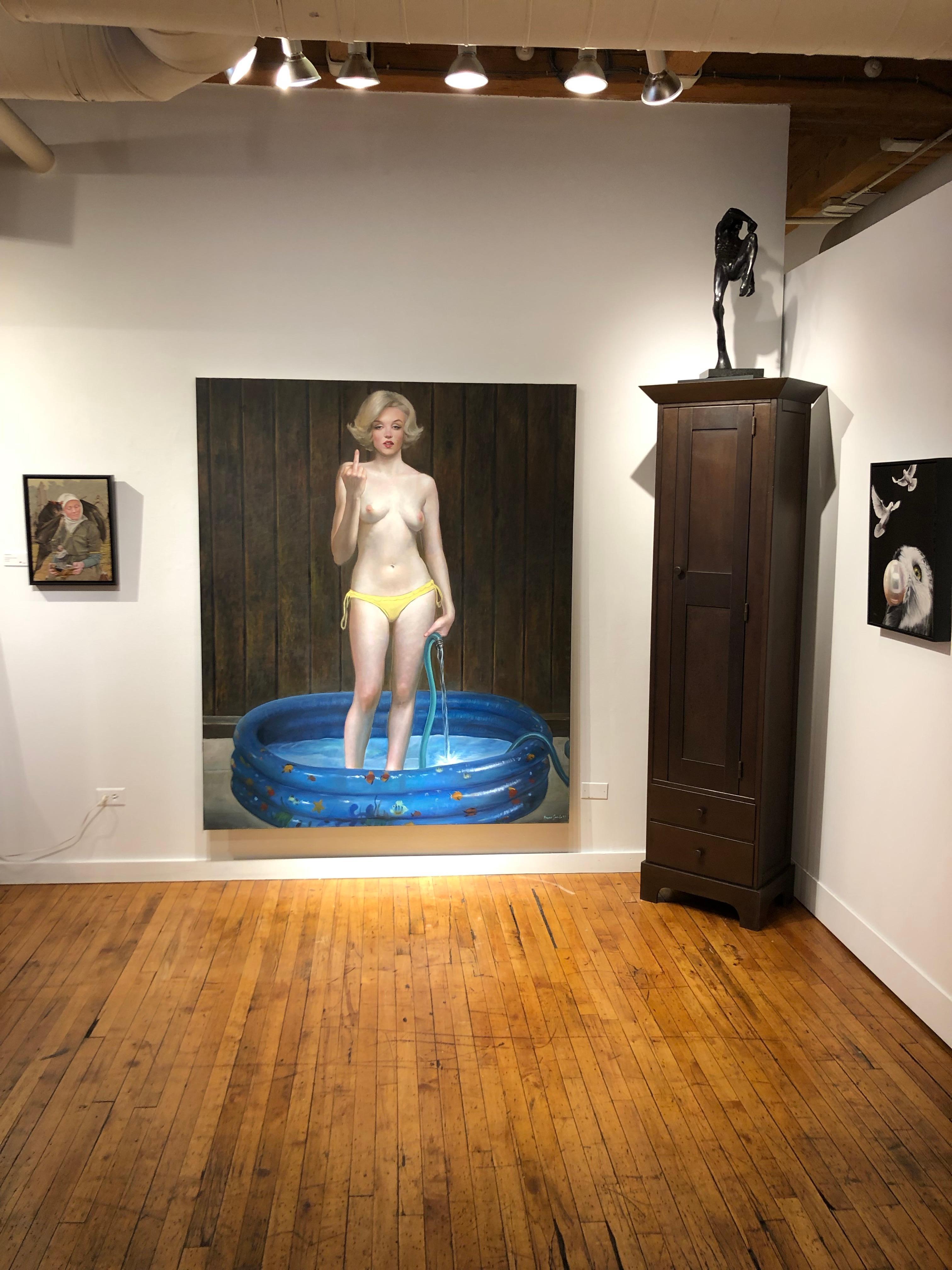 This large scale and beautifully rendered tongue-in-cheek painting of Marilyn Monroe standing nude in a kiddie pool grabs the viewers attention.  Let the discussion begin.

Bruno Surdo
Get Out!
oil on canvas
72h x 60w in
182.88h x 152.40w