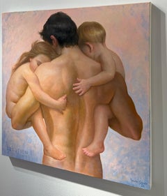 Guardian - Nude Male Holding Two Small Children, Original Oil on Canvas