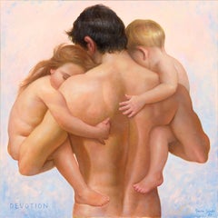 Guardian - Nude Male Holding Two Small Children, Original Oil on Canvas