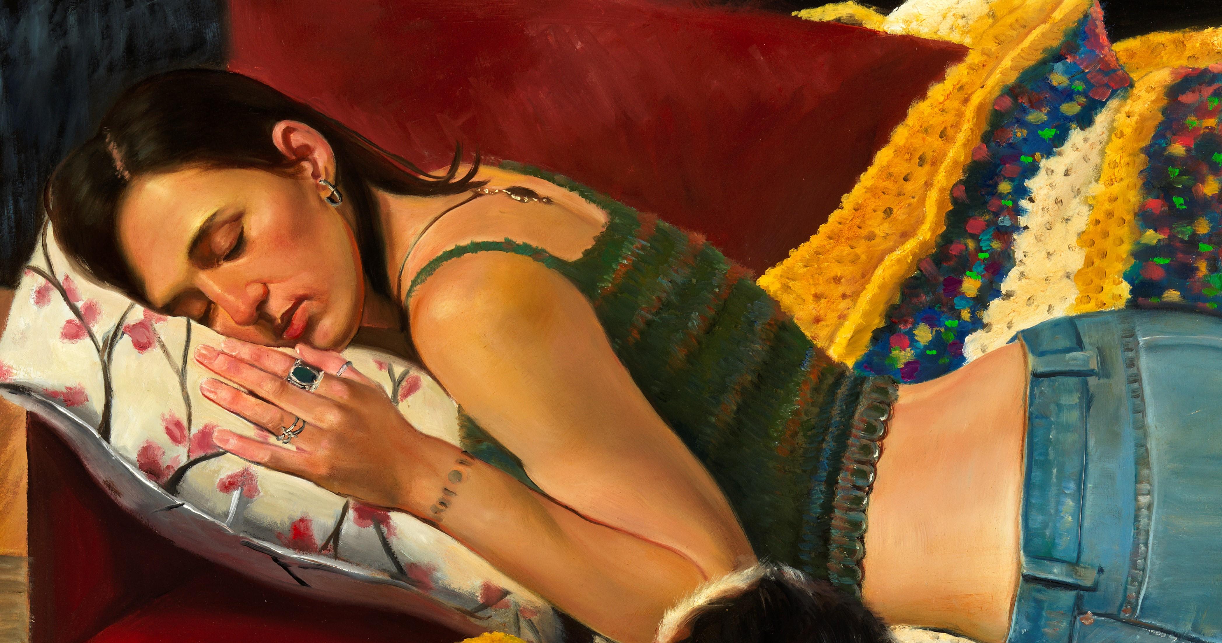  Bliss intérieur, trois femmes et un chien, scène d'intérieur, couleurs vives Huile sur toile - Painting de Bruno Surdo
