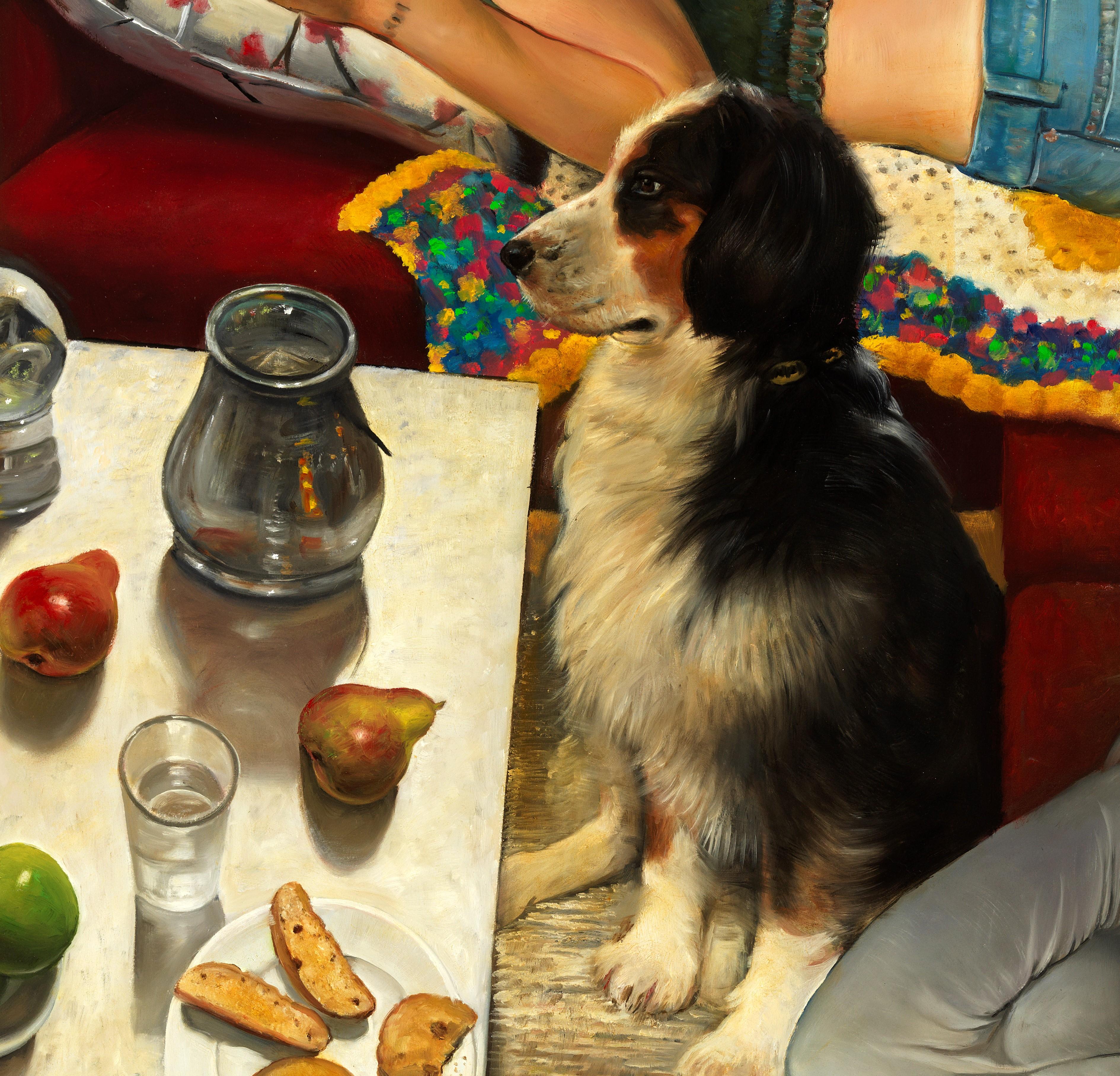  Bliss intérieur, trois femmes et un chien, scène d'intérieur, couleurs vives Huile sur toile - Contemporain Painting par Bruno Surdo