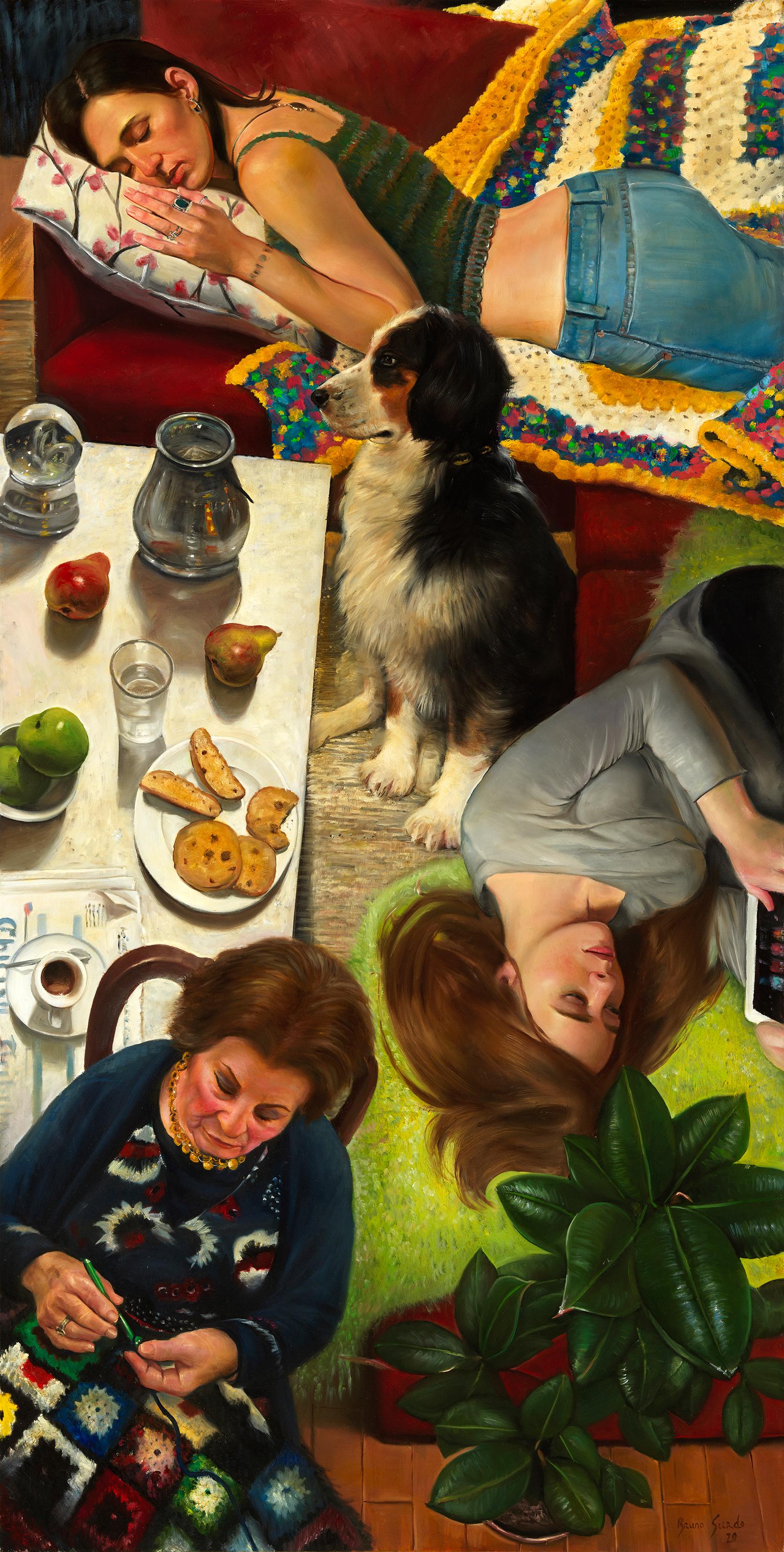  Inner Bliss, Three Women and a Dog, Interior Scene, Bright Colors Oil on Canvas