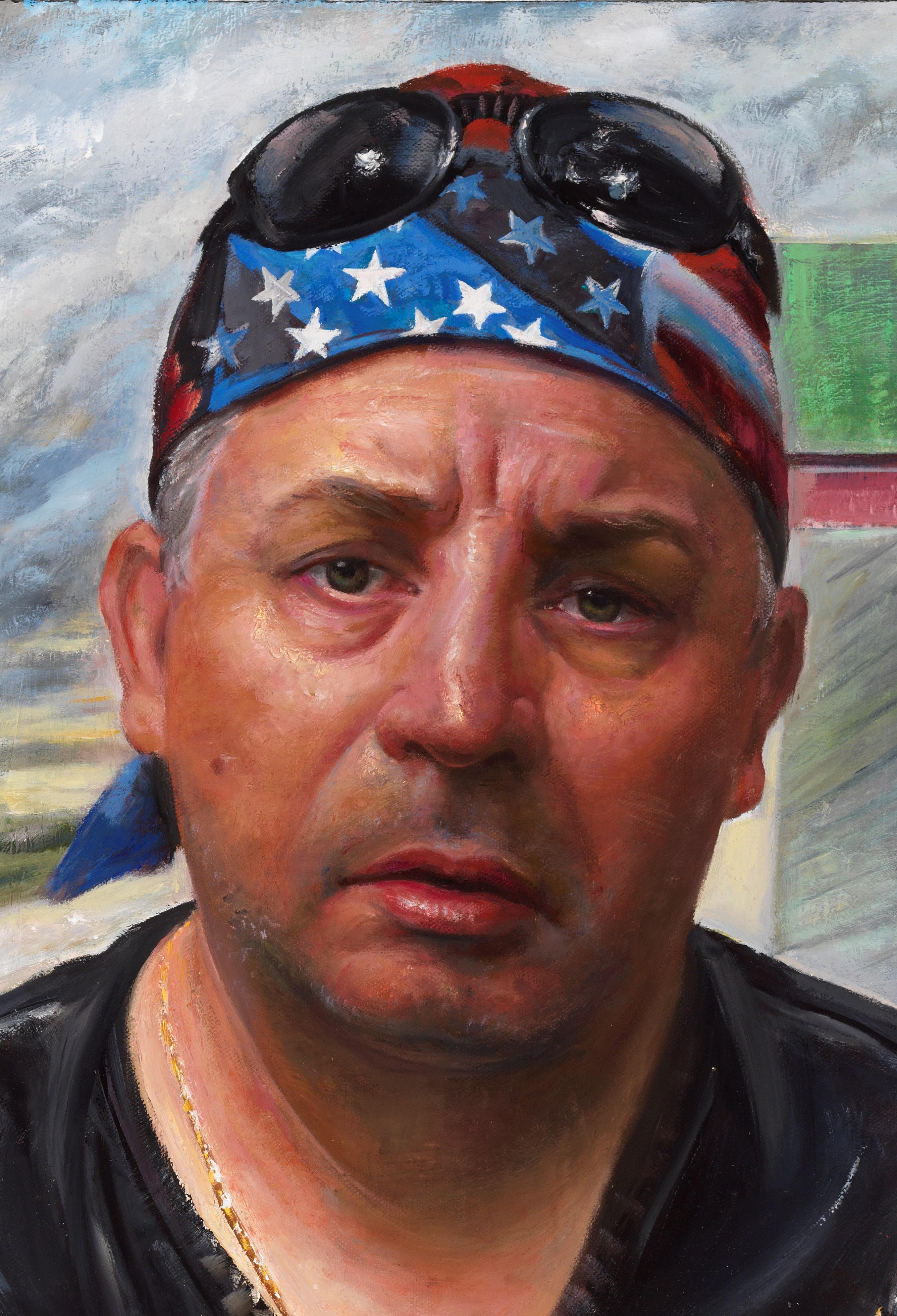 Is A Storm Coming? - Portrait of a Tattooed Biker, Original Oil on Canvas - Painting by Bruno Surdo