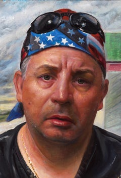 Is A Storm Coming? - Portrait of a Tattooed Biker, Original Oil on Canvas